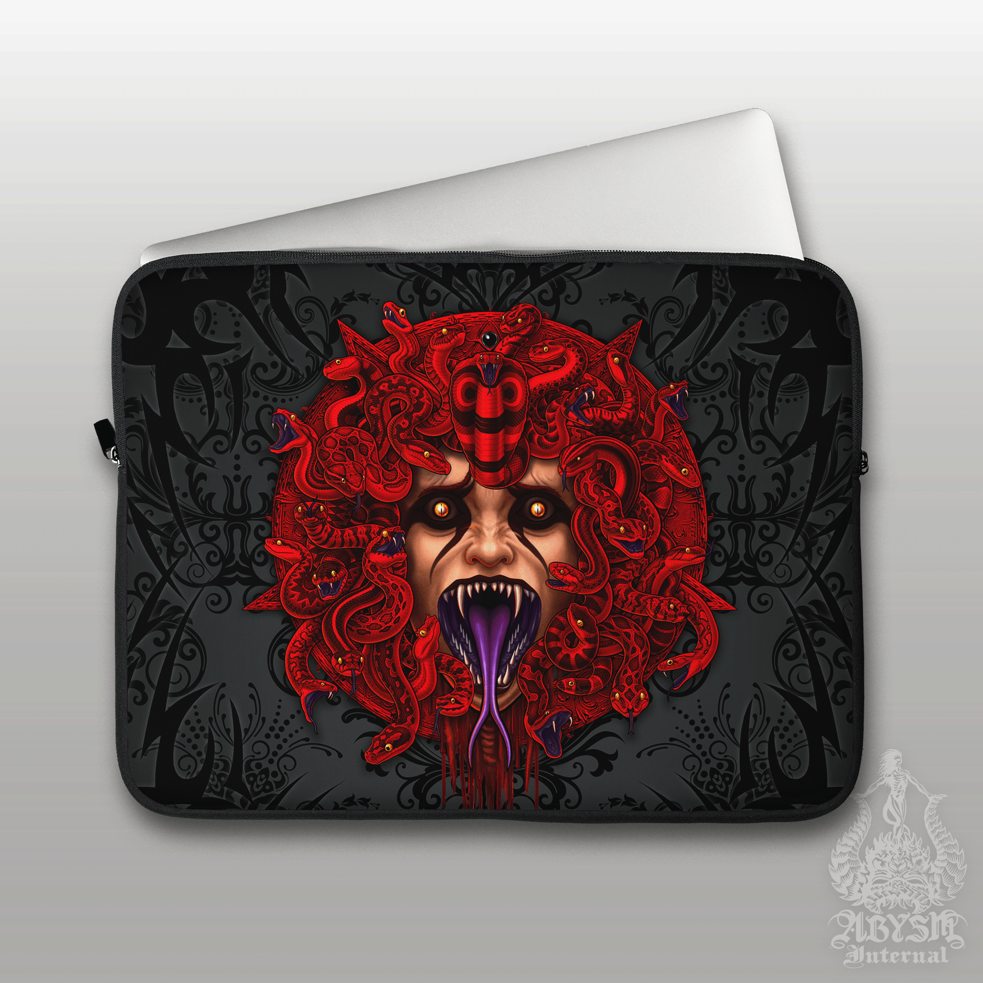 Red Pentagram Laptop Case – Gothic Demon Medusa, Satanic, 13" & 15", Dark Fantasy Art, Printed Padded Soft Sleeve - 2 Faces - Abysm Internal