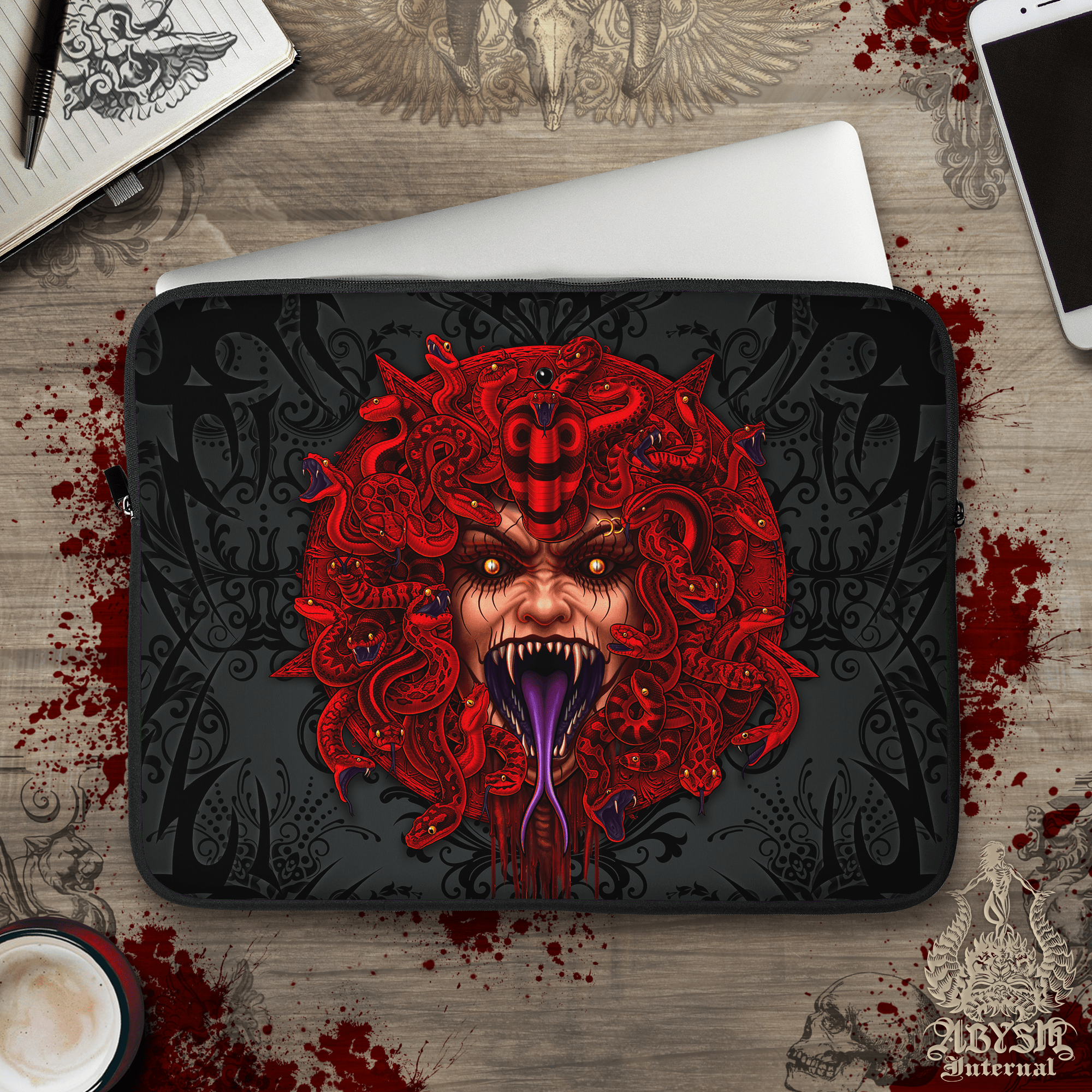 Red Pentagram Laptop Case – Gothic Demon Medusa, Satanic, 13" & 15", Dark Fantasy Art, Printed Padded Soft Sleeve - 2 Faces - Abysm Internal