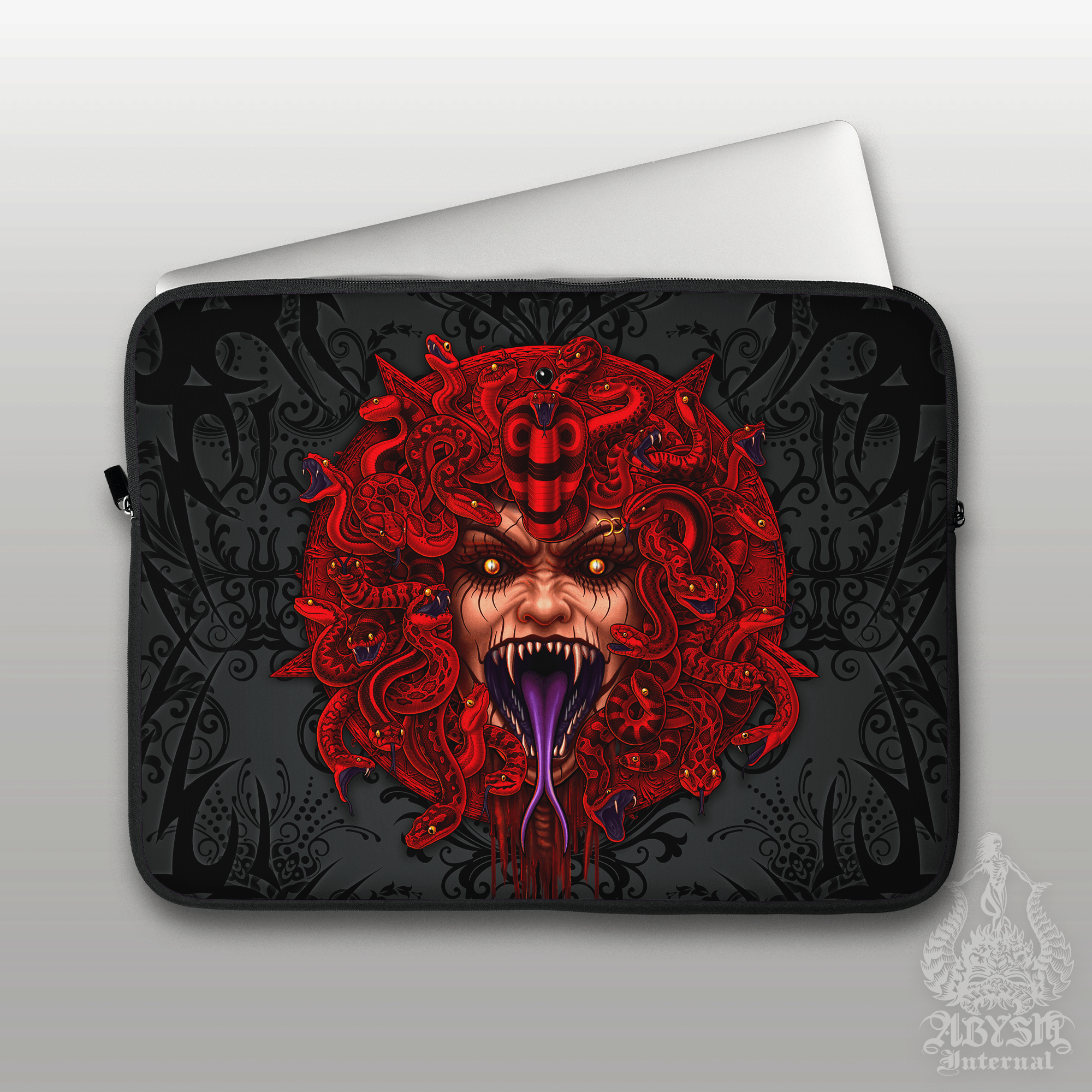 Red Pentagram Laptop Case – Gothic Demon Medusa, Satanic, 13" & 15", Dark Fantasy Art, Printed Padded Soft Sleeve - 2 Faces - Abysm Internal