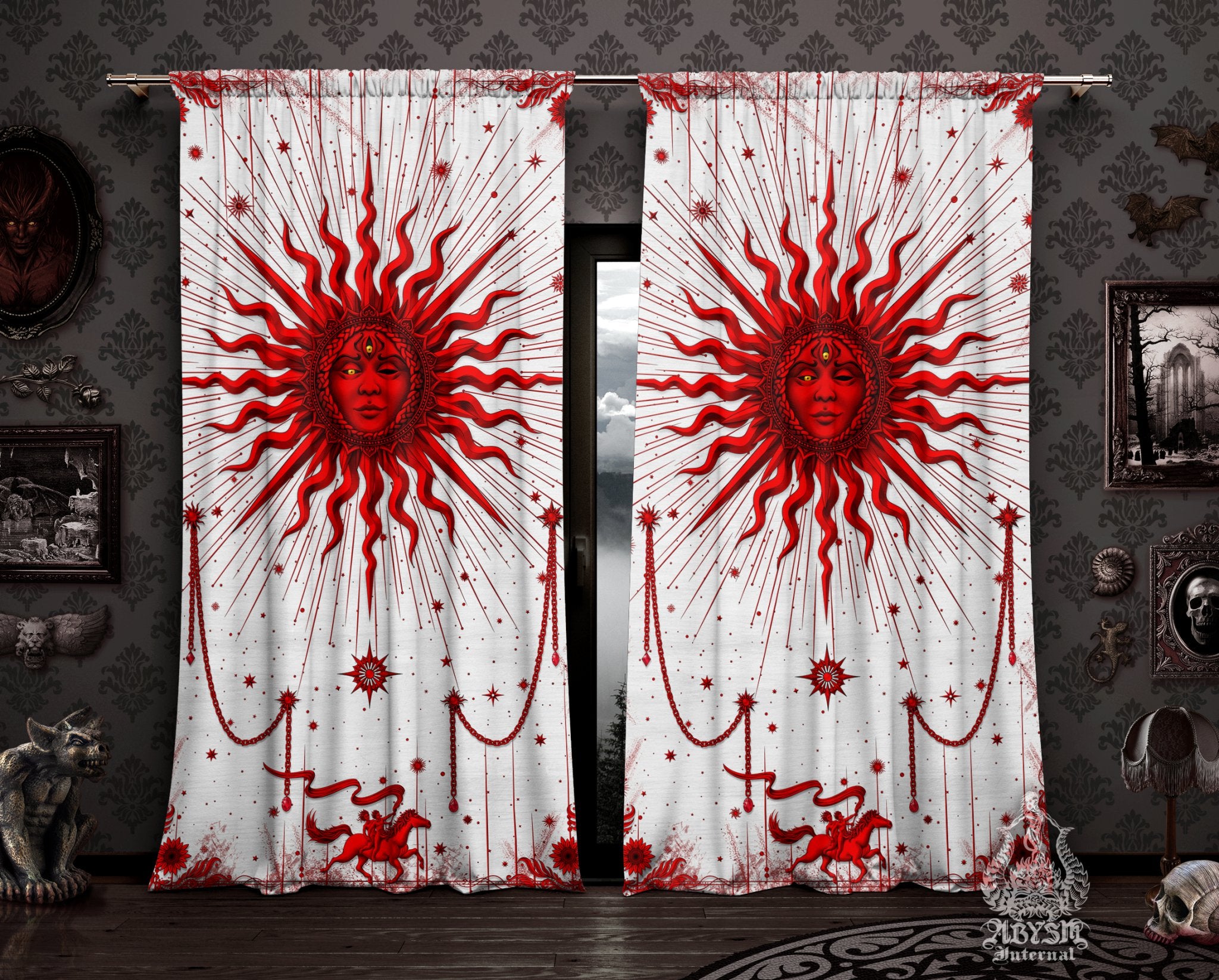 Red Sun Curtains, 50x84' Printed Window Panels, White Goth Home Decor, Tarot Arcana, Esoteric Art Print - Abysm Internal
