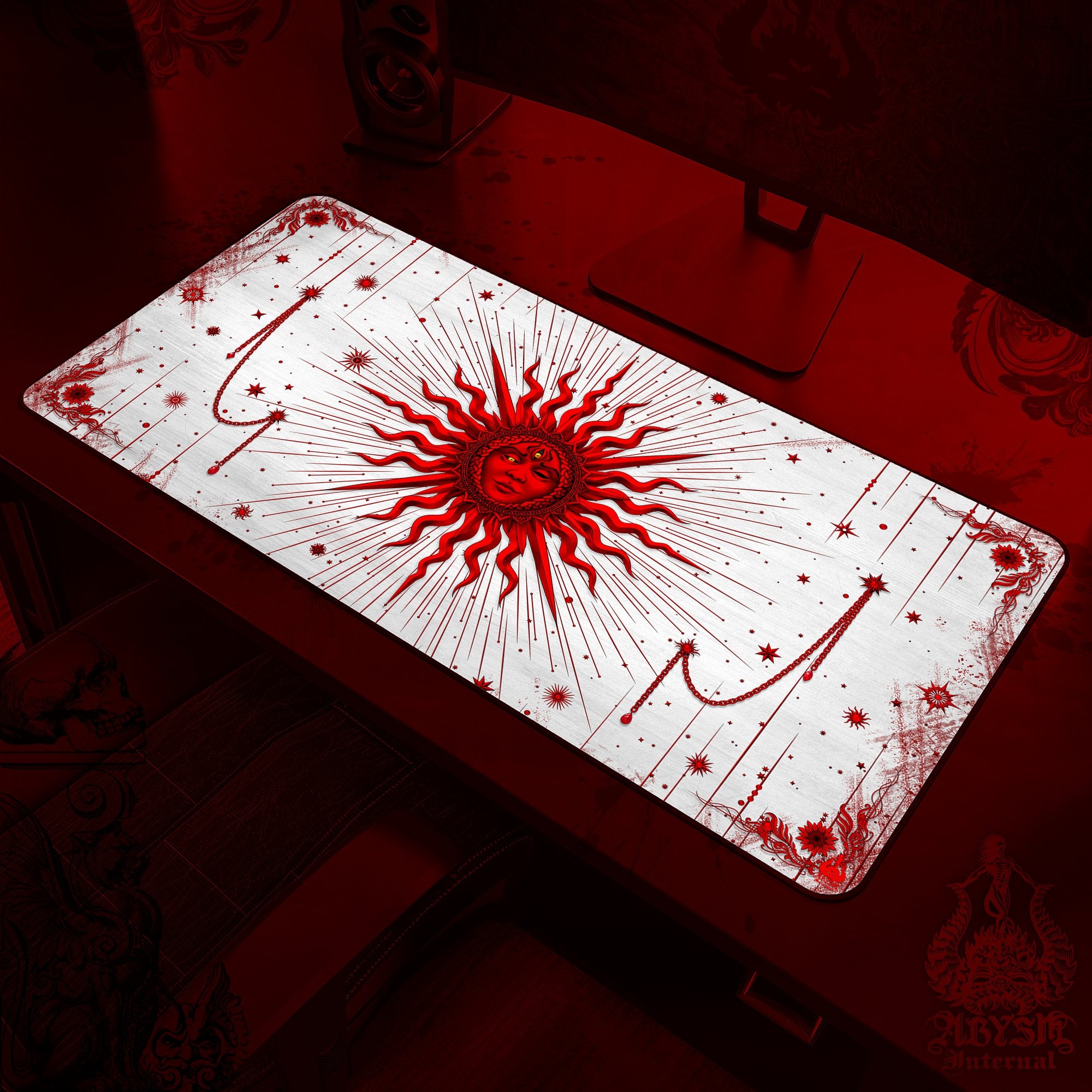 Red Sun Mouse Pad, White Goth Gaming Desk Mat, Tarot Arcana Workpad, Witch Table Protector Cover, Esoteric Art Print - Abysm Internal