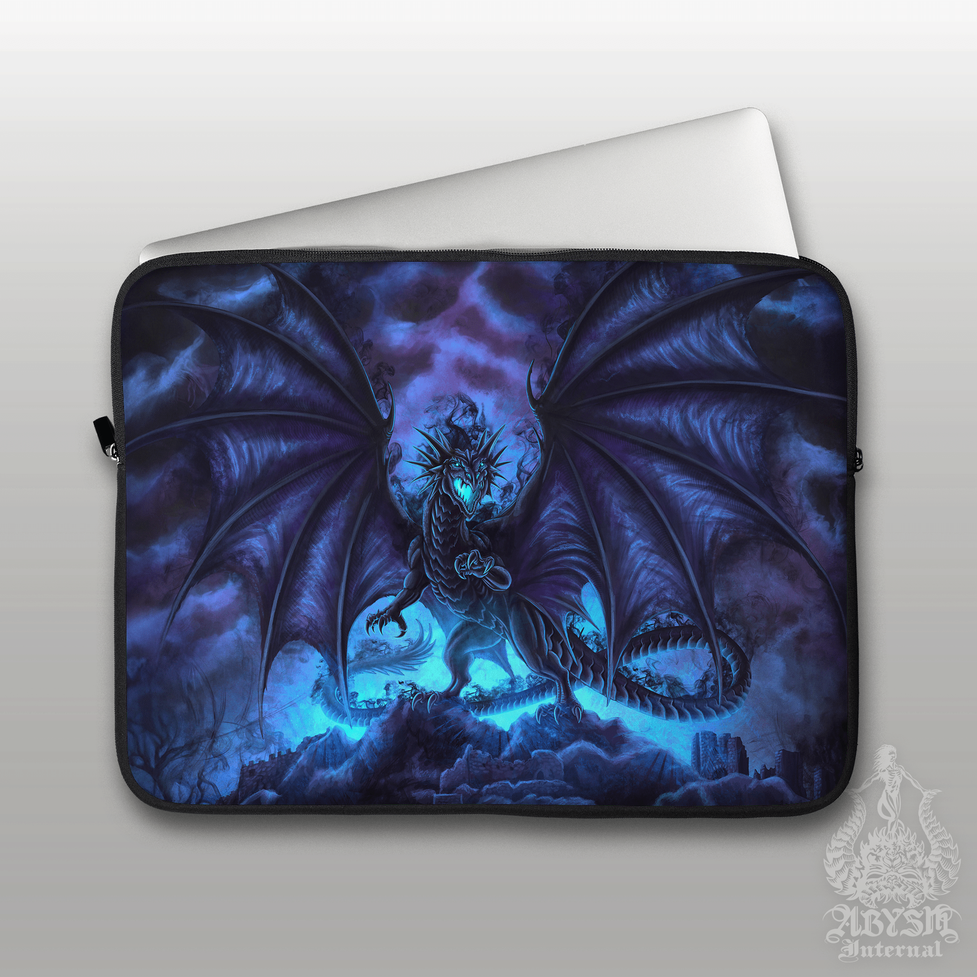 Shadow Dragon Laptop Case – Black and Blue, DM Master Gift, 13" & 15", Dark Fantasy Art, Printed Padded Soft Sleeve - Abysm Internal