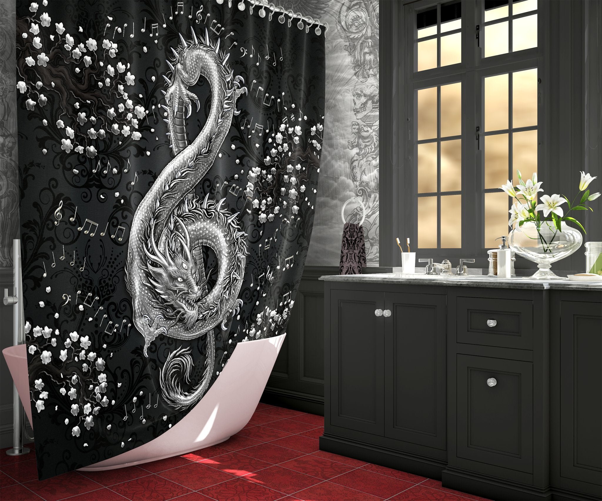 Silver Dragon Shower Curtain, 71x74 inches, Alternative Bathroom Decor, Treble Clef, Music Home Art - Black or Red, 2 Colors - Abysm Internal