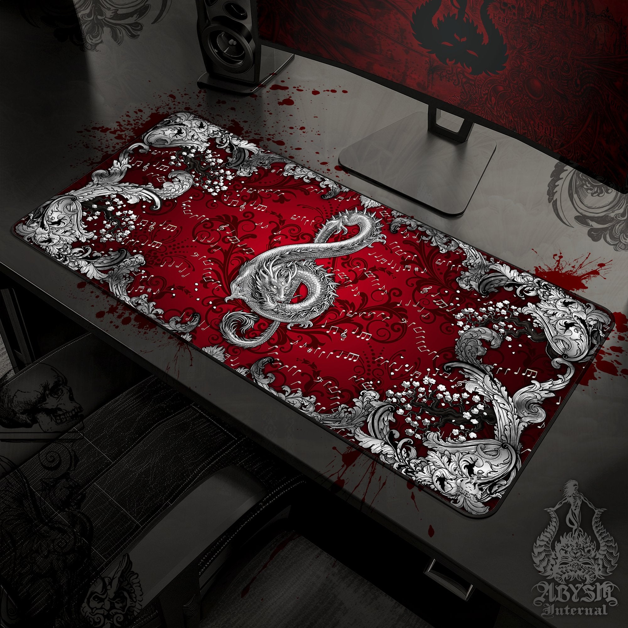 Silver Music Mouse Pad, Dragon Gaming Desk Mat, Asian Workpad, Ornamented Table Protector Cover, Treble Clef Art Print - 2 Colors - Abysm Internal