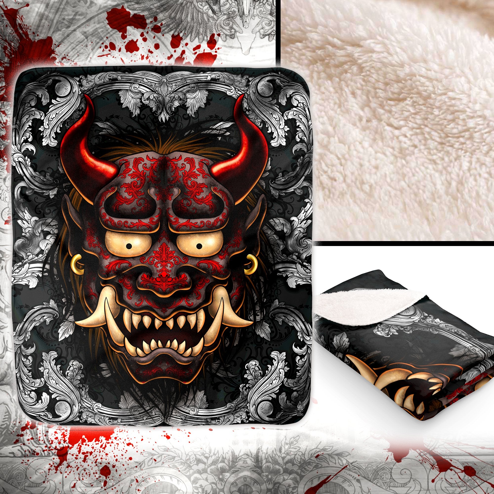 Silver Oni Sherpa Fleece Throw Blanket, Japanese Demon, Alternative and Goth Home Decor - Red and Black, 2 Colors - Abysm Internal