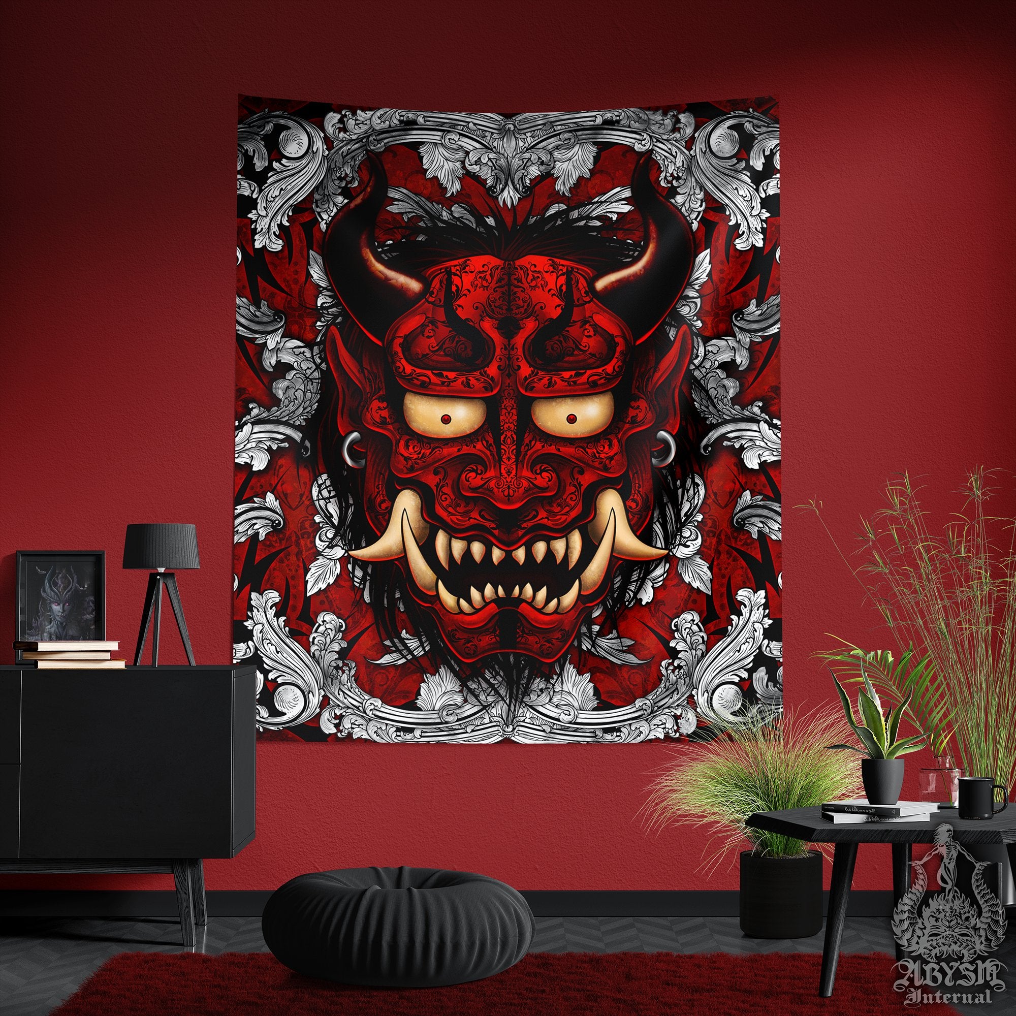Silver Oni Tapestry, Goth Wall Hanging, Japanese Demon, Gamer Home Decor, Vertical Art Print - Black and Red, 2 Colors - Abysm Internal