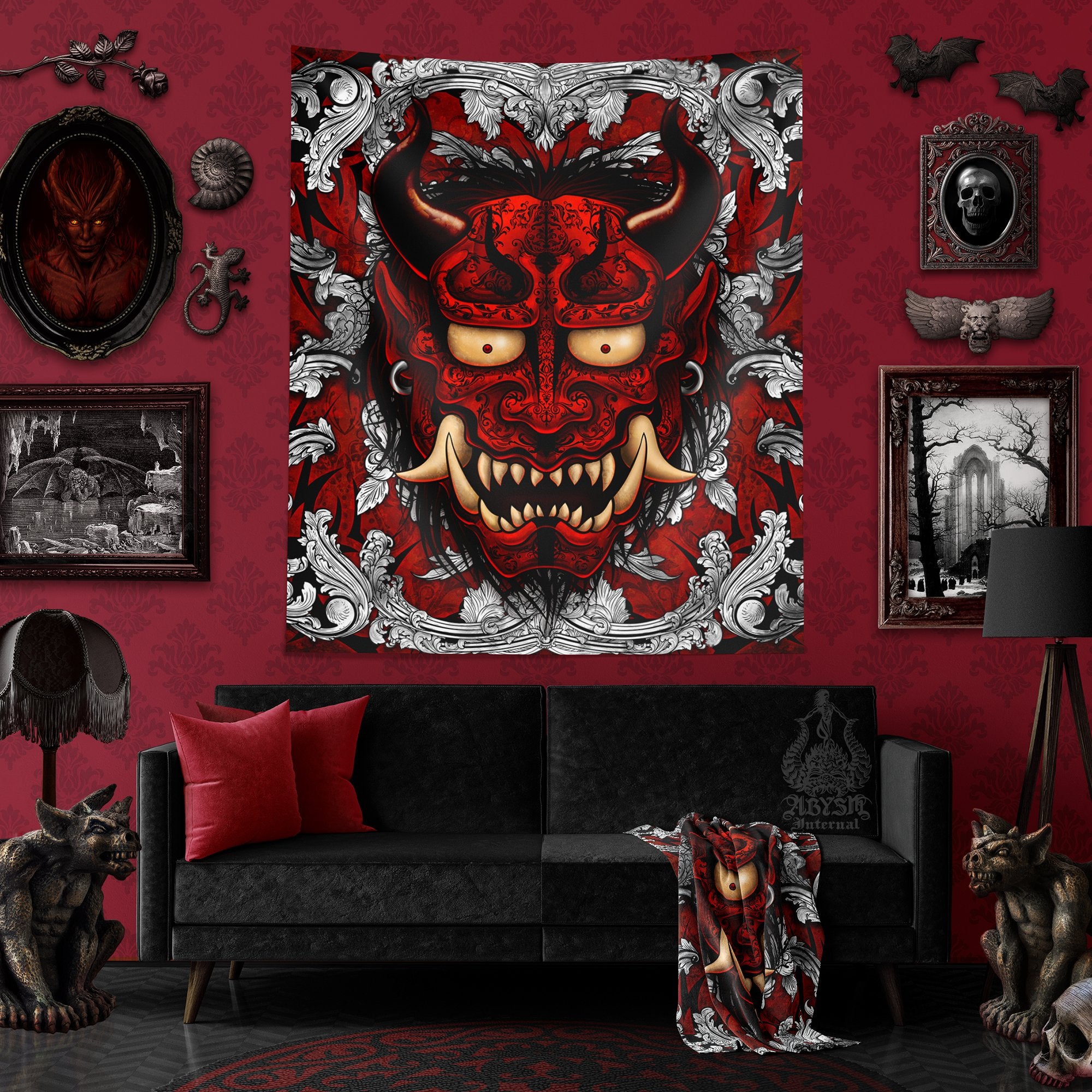 Silver Oni Tapestry, Goth Wall Hanging, Japanese Demon, Gamer Home Decor, Vertical Art Print - Black and Red, 2 Colors - Abysm Internal