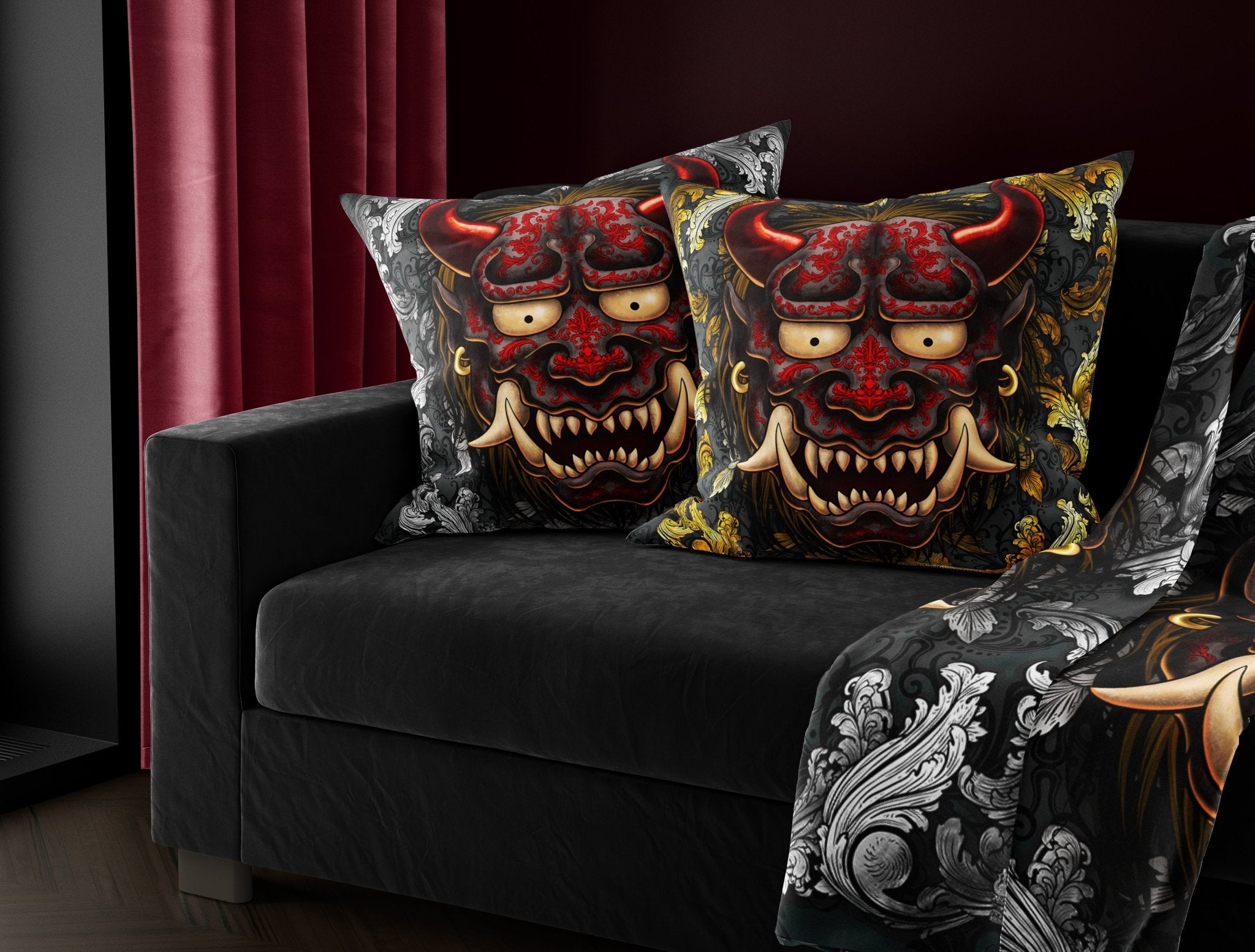Silver Oni Throw Pillow, Decorative Accent Pillow, Square Cushion Cover, Japanese Demon, Alternative Home - Red or Black, 2 Colors - Abysm Internal