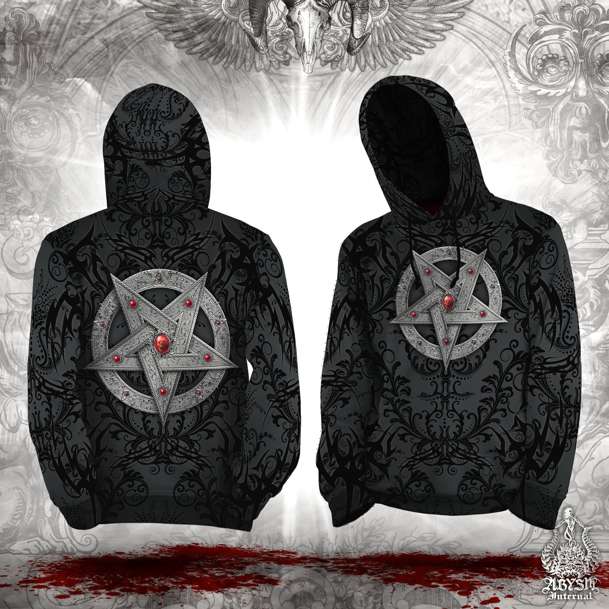 Silver Pentagram Sweater, Black Metal Streetwear, Gothic Hoodie, Satanic Goth, Alternative Clothing, Unisex - Red or Black, 2 Colors - Abysm Internal