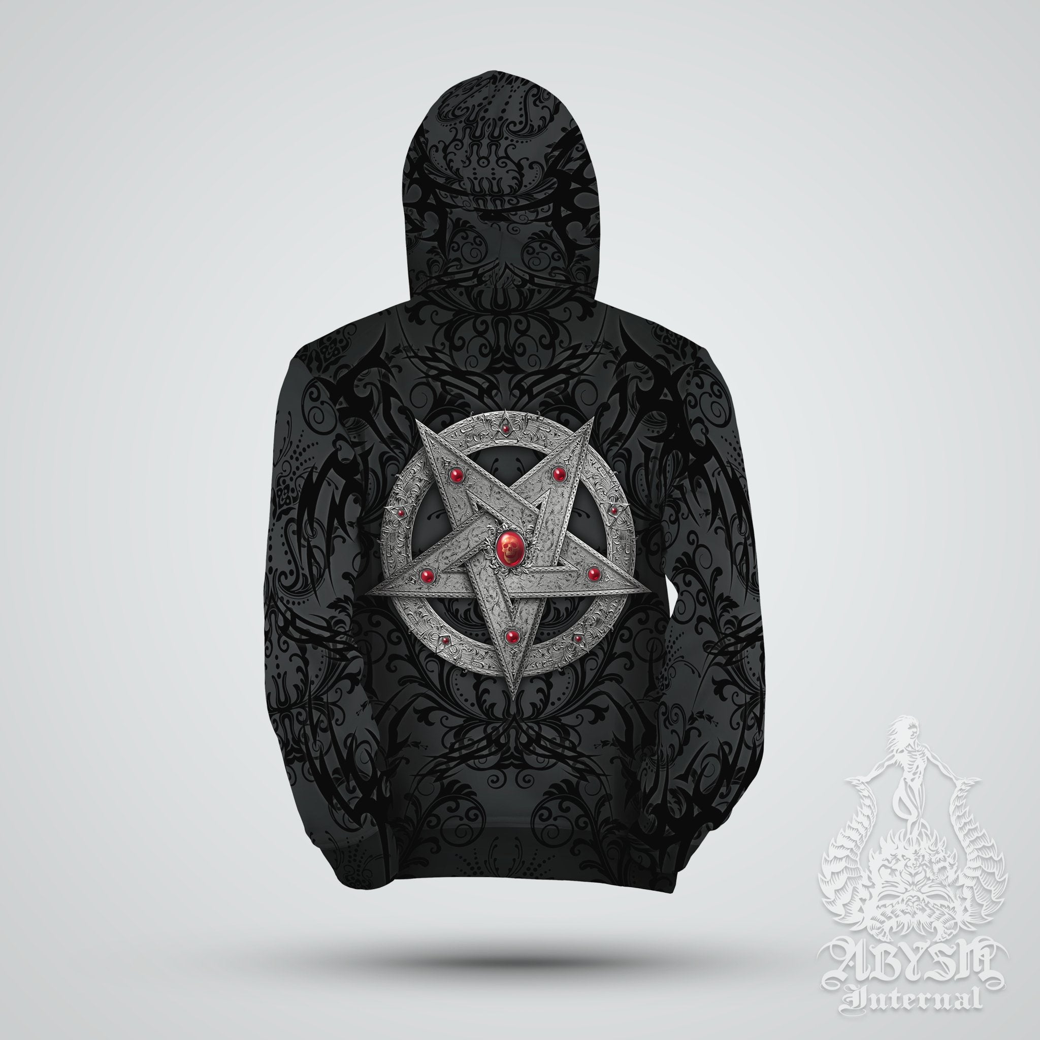 Silver Pentagram Sweater, Black Metal Streetwear, Gothic Hoodie, Satanic Goth, Alternative Clothing, Unisex - Red or Black, 2 Colors - Abysm Internal
