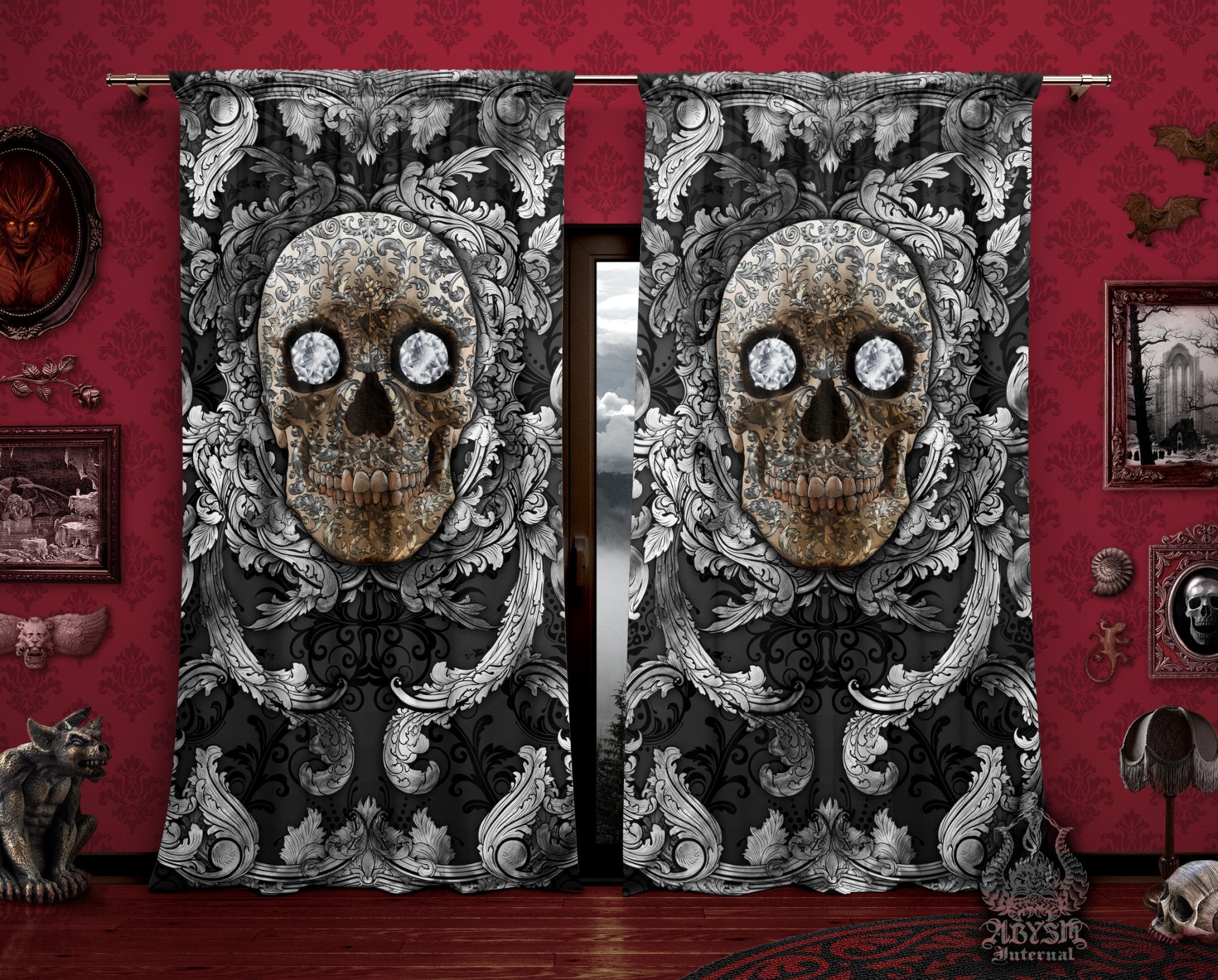 Silver Skull Curtains, 50x84' Printed Window Panels, Macabre Art Print, Baroque Goth Home Decor - Roses or Diamonds, 2 versions - Abysm Internal