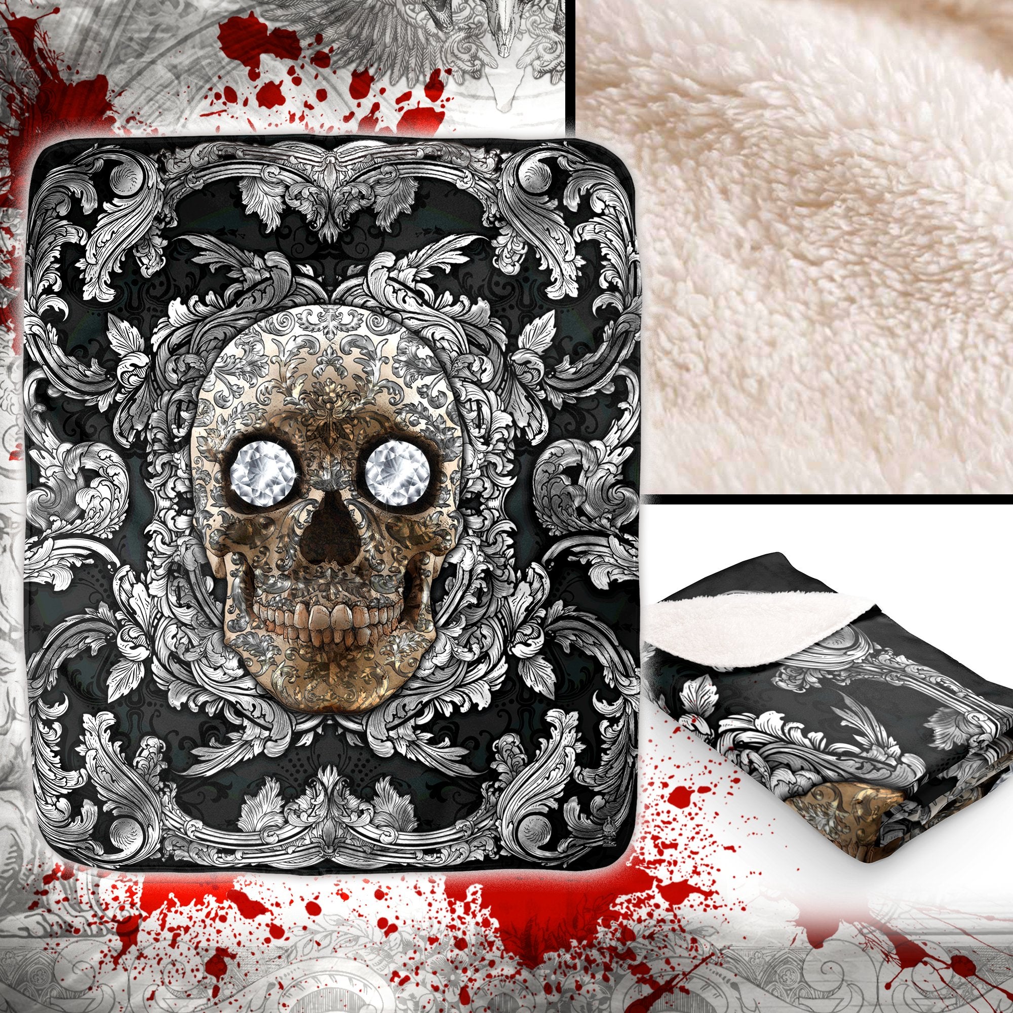 Silver Skull Sherpa Fleece Throw Blanket, Macabre Art, Victorian Decor - Roses and Diamonds, 2 versions - Abysm Internal