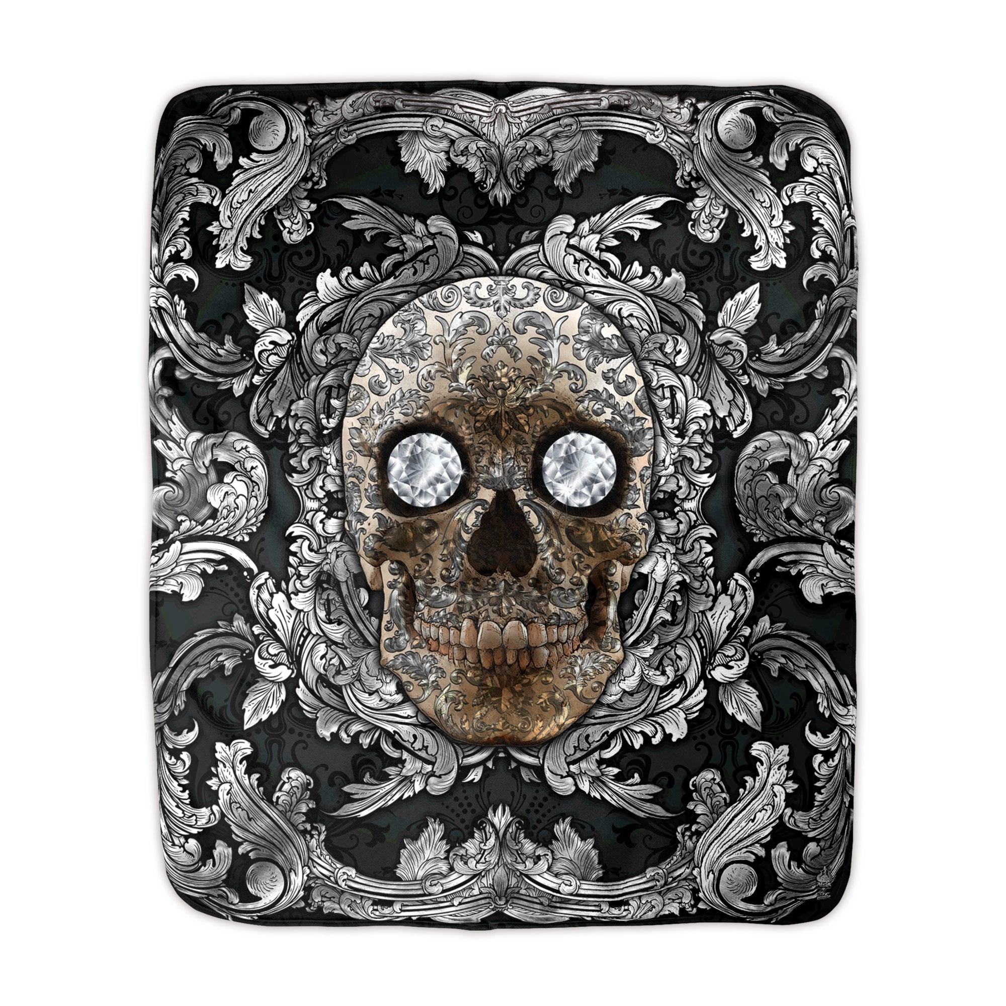 Silver Skull Sherpa Fleece Throw Blanket, Macabre Art, Victorian Decor - Roses and Diamonds, 2 versions - Abysm Internal