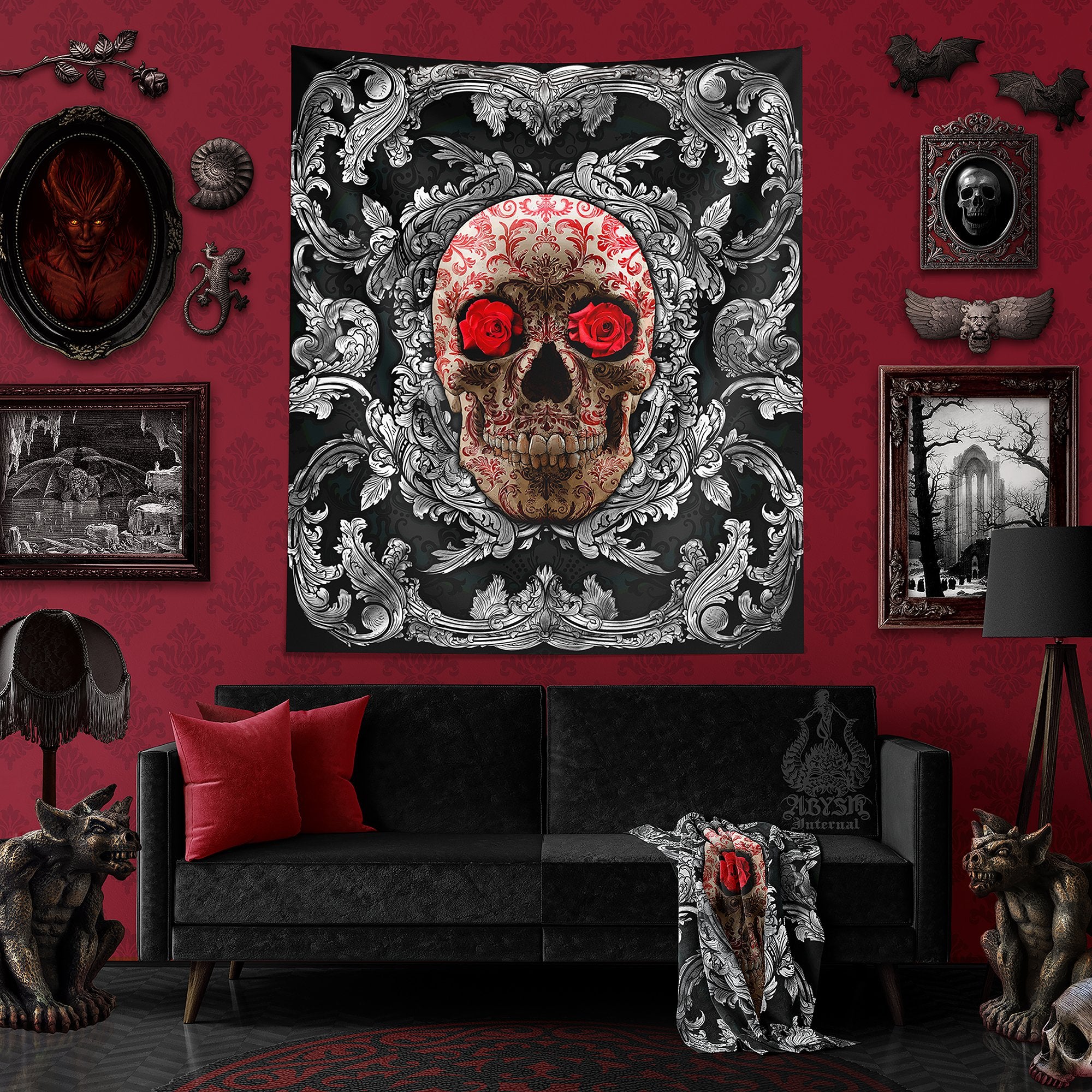 Silver Skull Tapestry, Macabre Wall Hanging, Goth Home Decor, Vertical Art Print - Diamonds and Roses, 2 versions - Abysm Internal