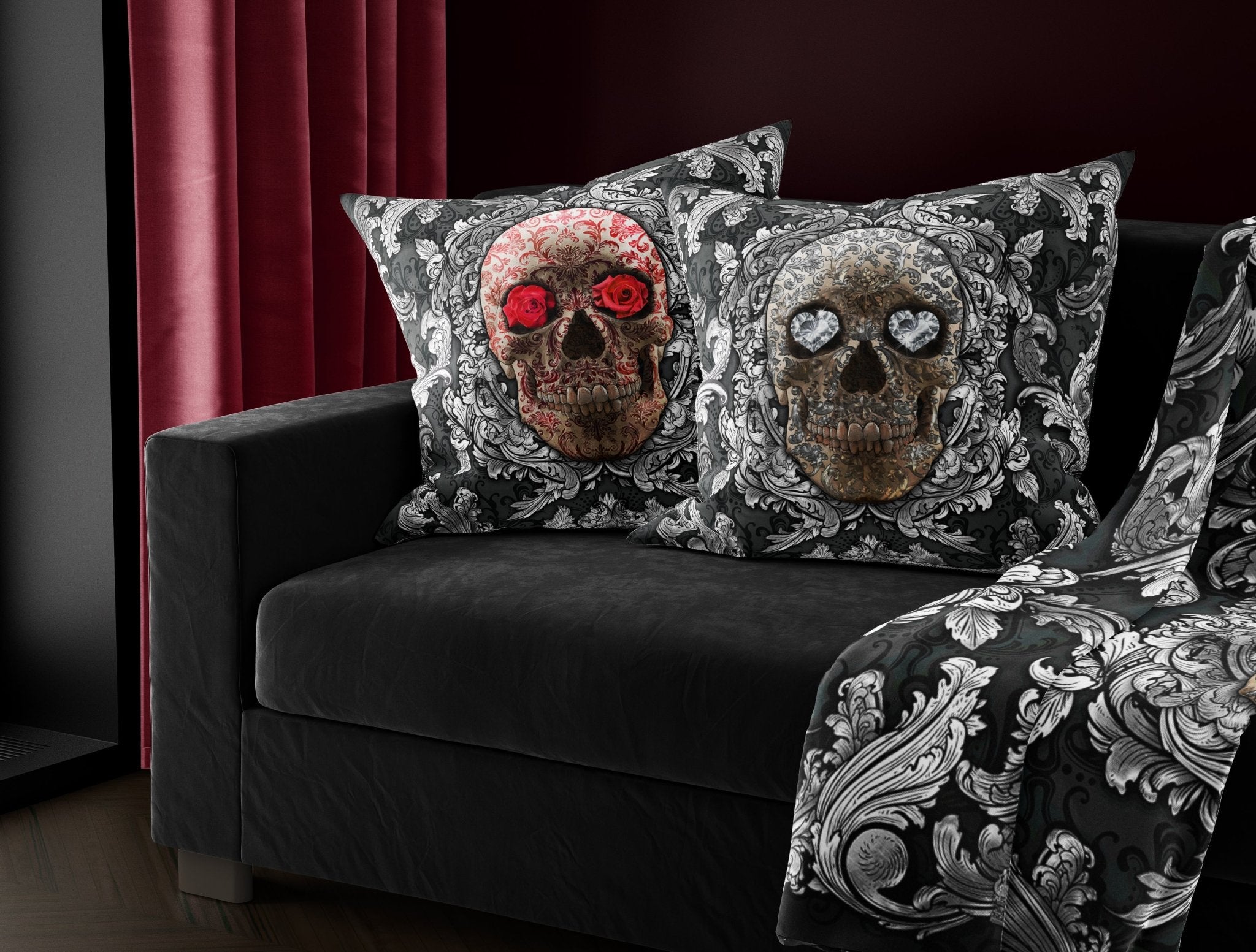 Silver Skull Throw Pillow, Decorative Accent Pillow, Square Cushion Cover, Vintage, Baroque Decor, Macabre Art, Eclectic Home Decor - Red and Black, 2 Colors - Abysm Internal