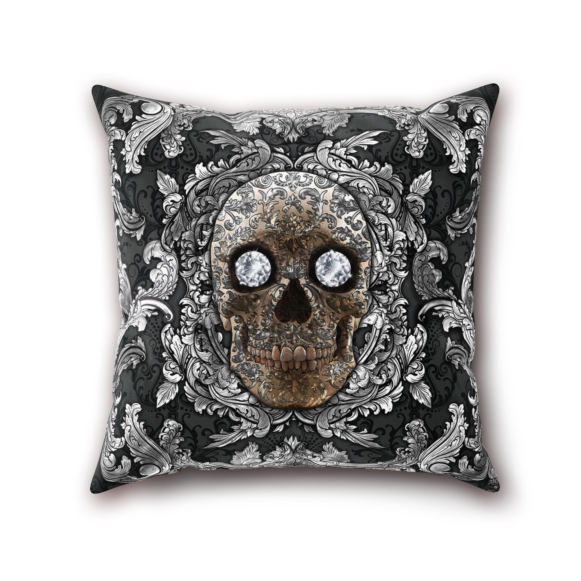 Silver Skull Throw Pillow, Decorative Accent Pillow, Square Cushion Cover, Vintage, Baroque Decor, Macabre Art, Eclectic Home Decor - Red and Black, 2 Colors - Abysm Internal