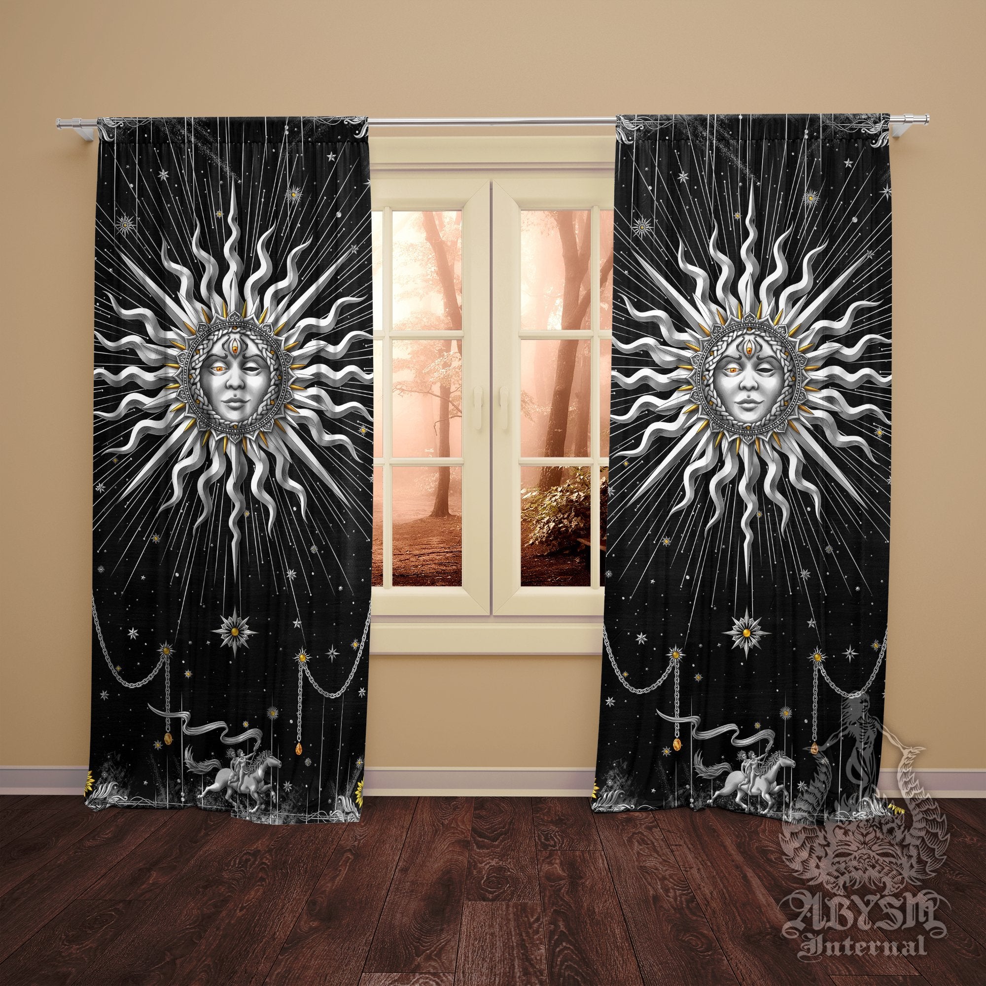 Silver Sun Curtains, 50x84' Printed Window Panels, Indie and Boho Home Decor, Tarot Arcana, Esoteric Art Print - 7 Colors - Abysm Internal