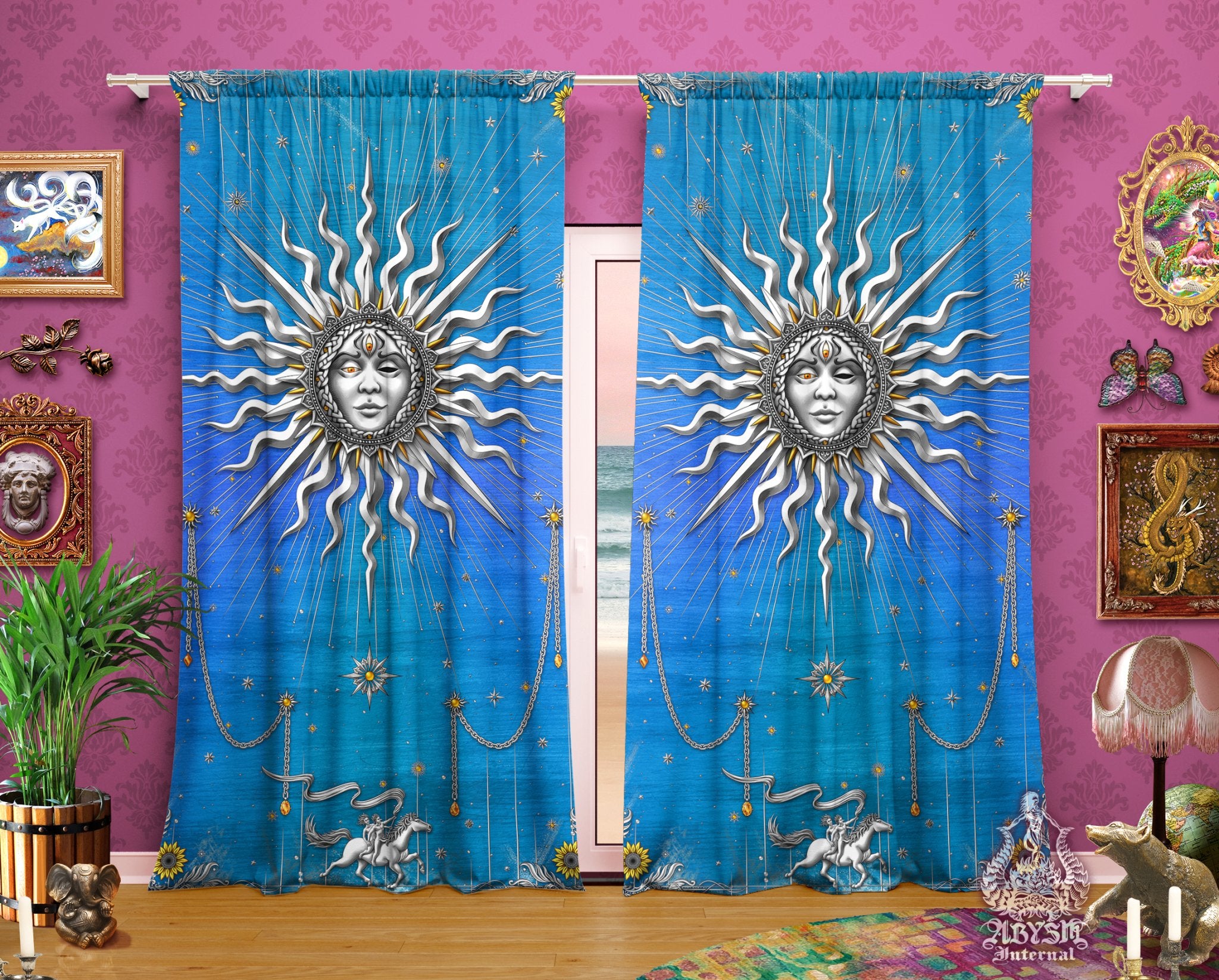 Silver Sun Curtains, 50x84' Printed Window Panels, Indie and Boho Home Decor, Tarot Arcana, Esoteric Art Print - 7 Colors - Abysm Internal