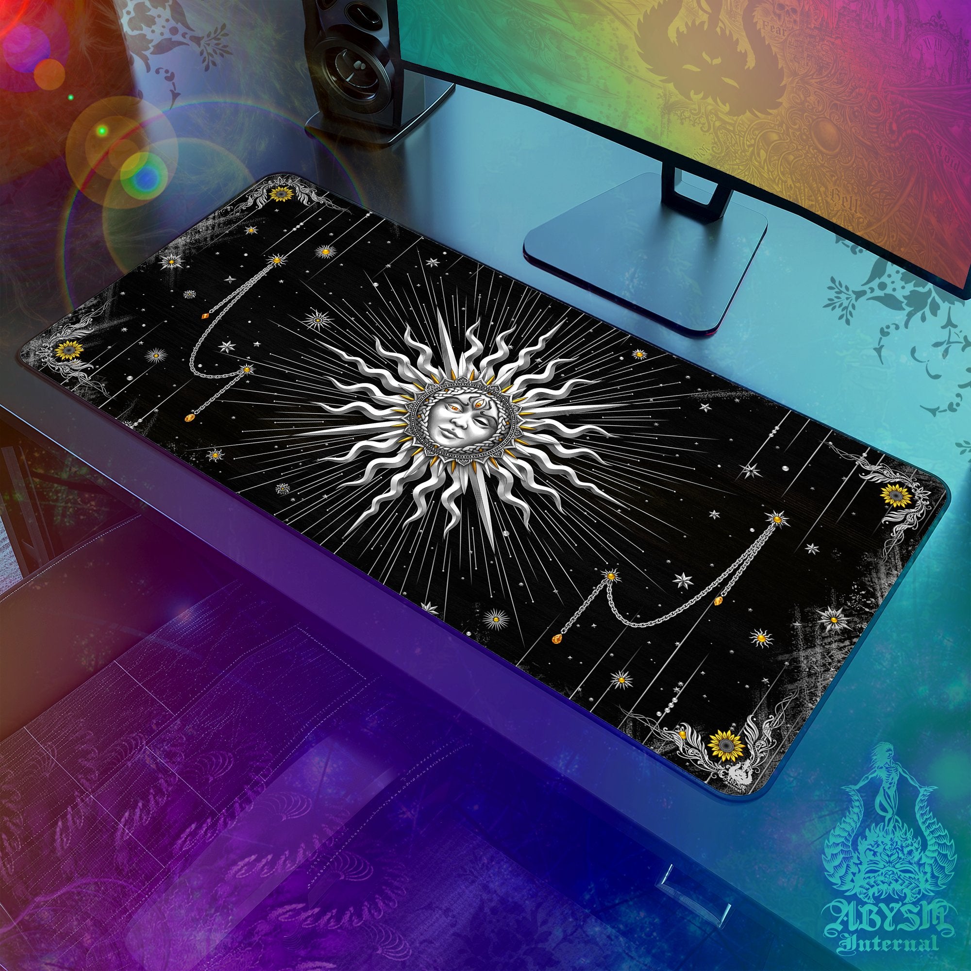 Silver Sun Desk Mat, Tarot Arcana Gaming Mouse Pad, Indie Table Protector Cover, Boho Workpad, Esoteric Art Print - 7 Colors - Abysm Internal