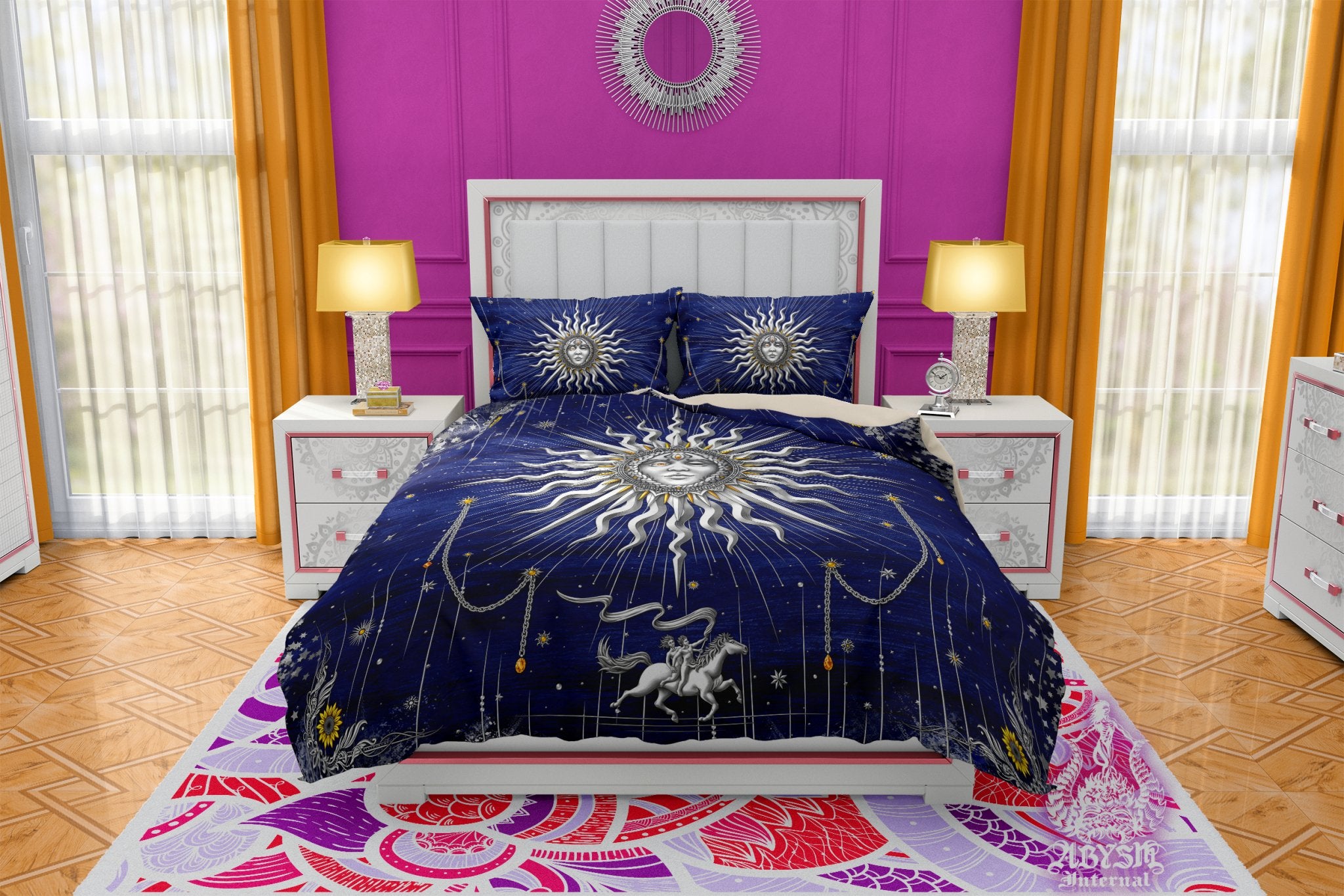 Silver Sun Duvet Cover, Bed Covering, Esoteric Comforter, Indie Bedroom Decor King, Queen & Twin Bedding Set - Boho Tarot Arcana Art, 7 Colors - Abysm Internal