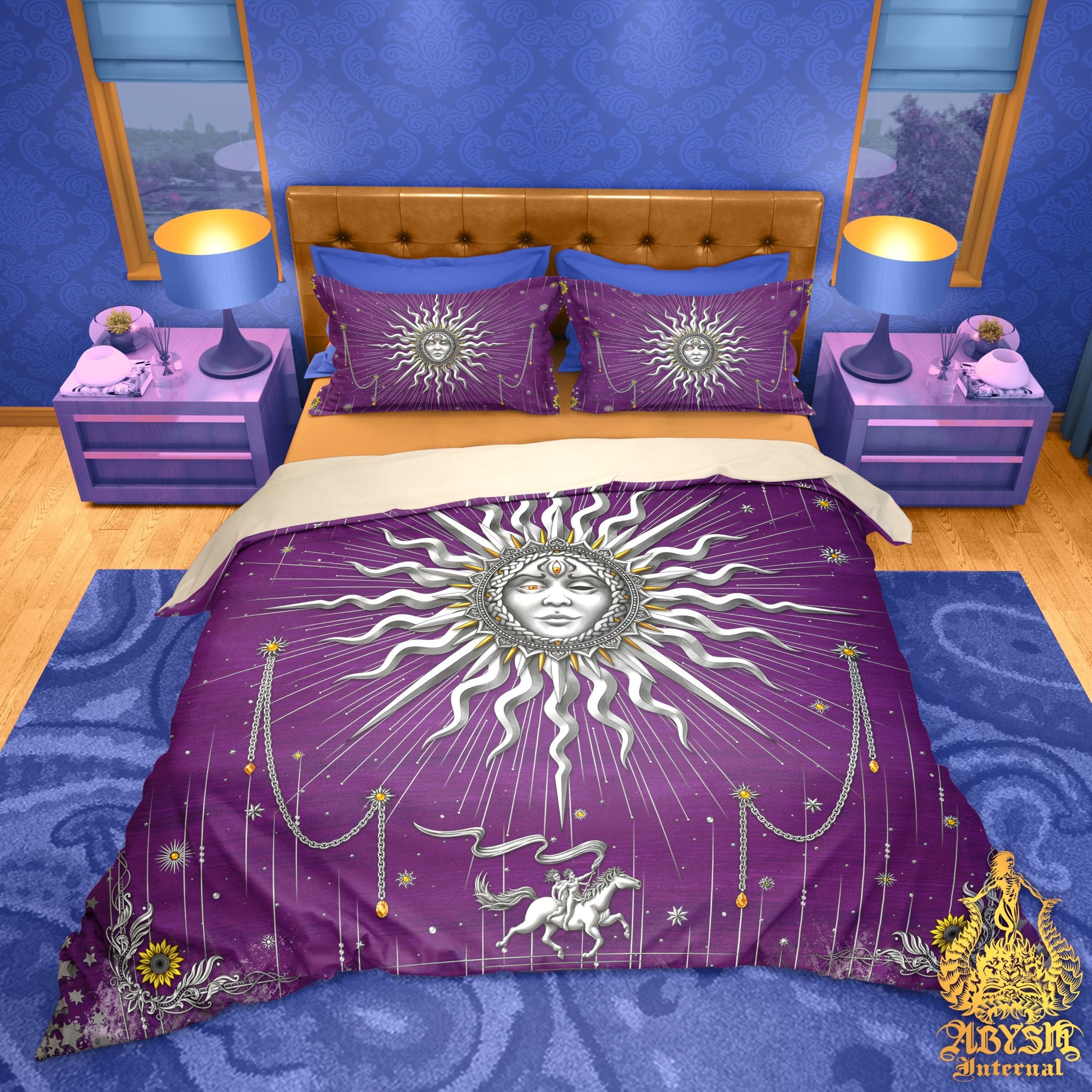 Silver Sun Duvet Cover, Bed Covering, Esoteric Comforter, Indie Bedroom Decor King, Queen & Twin Bedding Set - Boho Tarot Arcana Art, 7 Colors - Abysm Internal