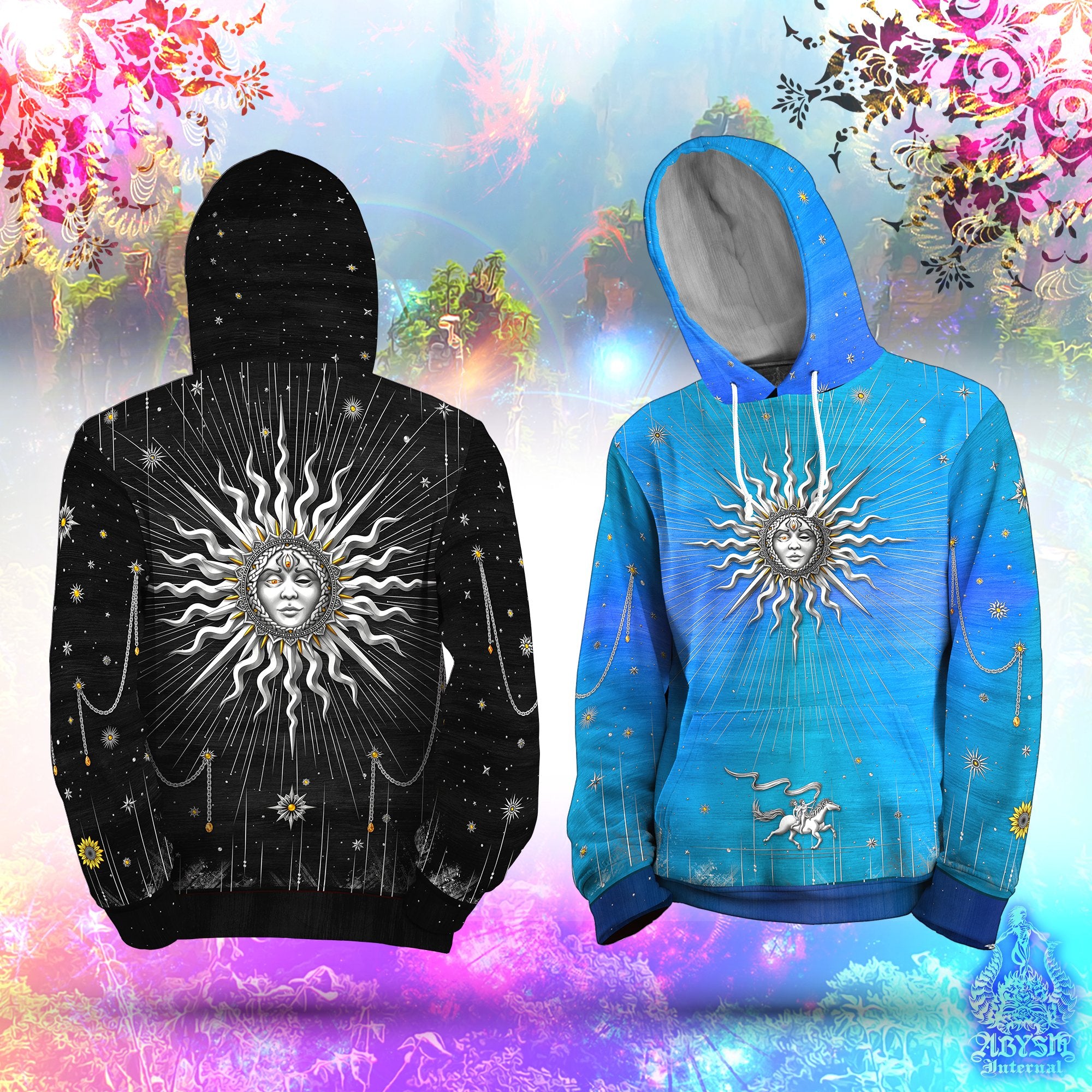 Silver Sun Hoodie, Tarot Arcana Pullover, Boho Sweater, Magic Street Outfit, Positive Streetwear, Indie Clothing, Good Fortune, Unisex - 7 Colors - Abysm Internal