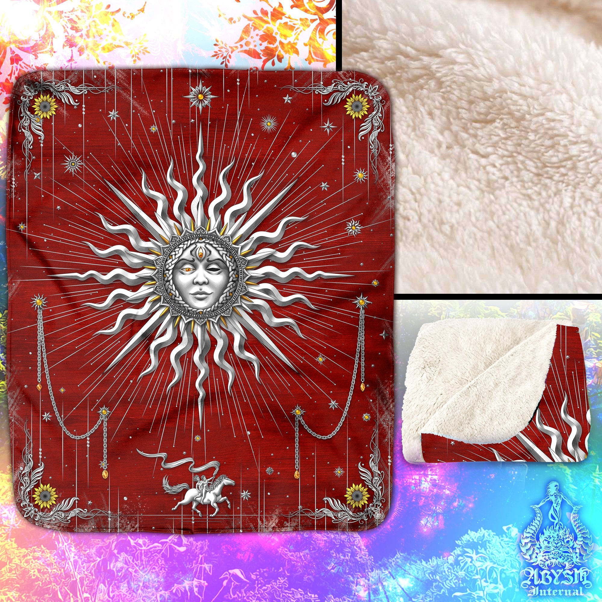 Silver Sun Sherpa Fleece Throw Blanket, Tarot Arcana Art, Boho & Indie Home Decor, Esoteric Room, Magic Fortune Gift - 7 Colors - Abysm Internal