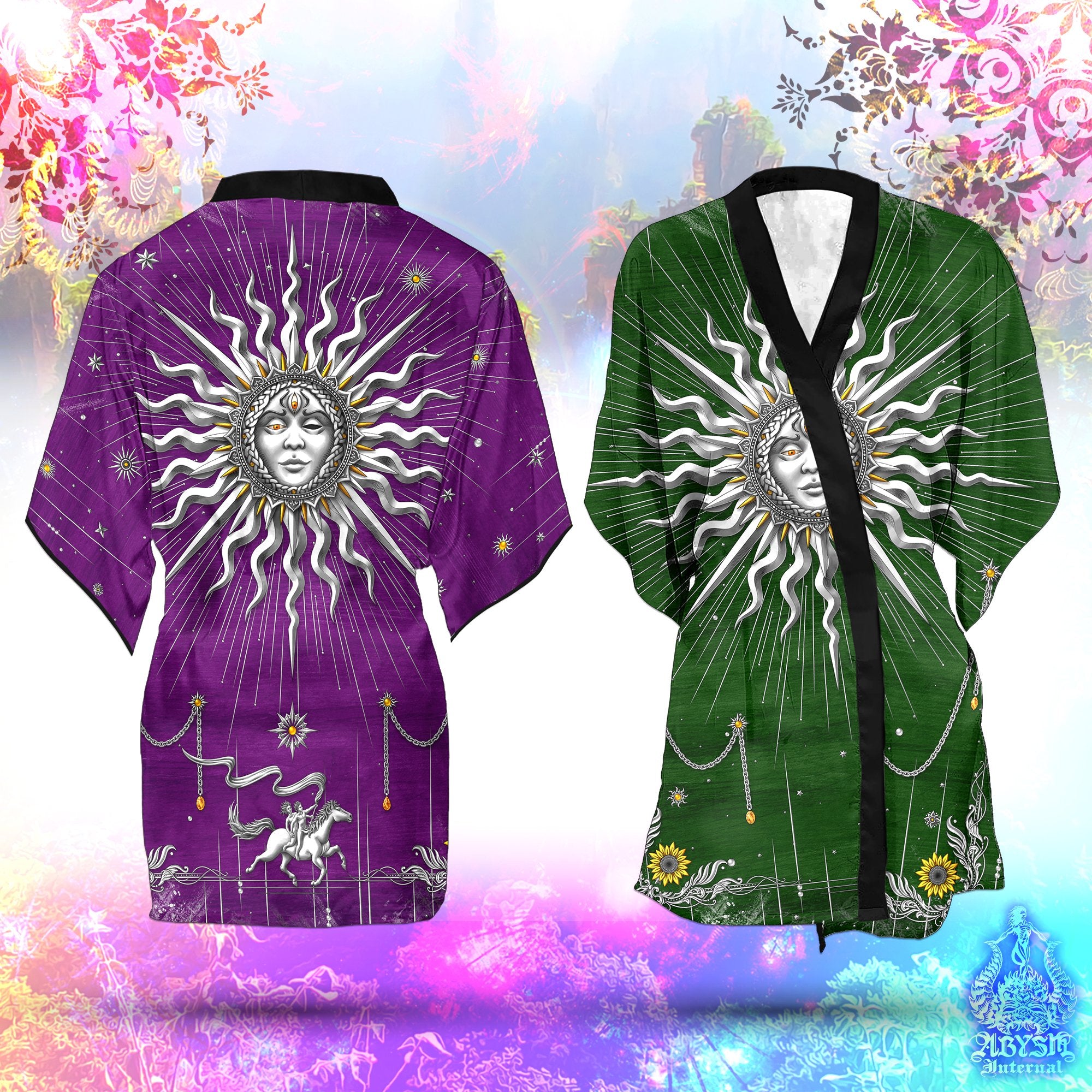 Silver Sun Short Kimono Robe, Colorful Beach Party Outfit, Tarot Arcana Coverup, Boho Summer Festival, Indie Clothing, Unisex - 7 Colors - Abysm Internal