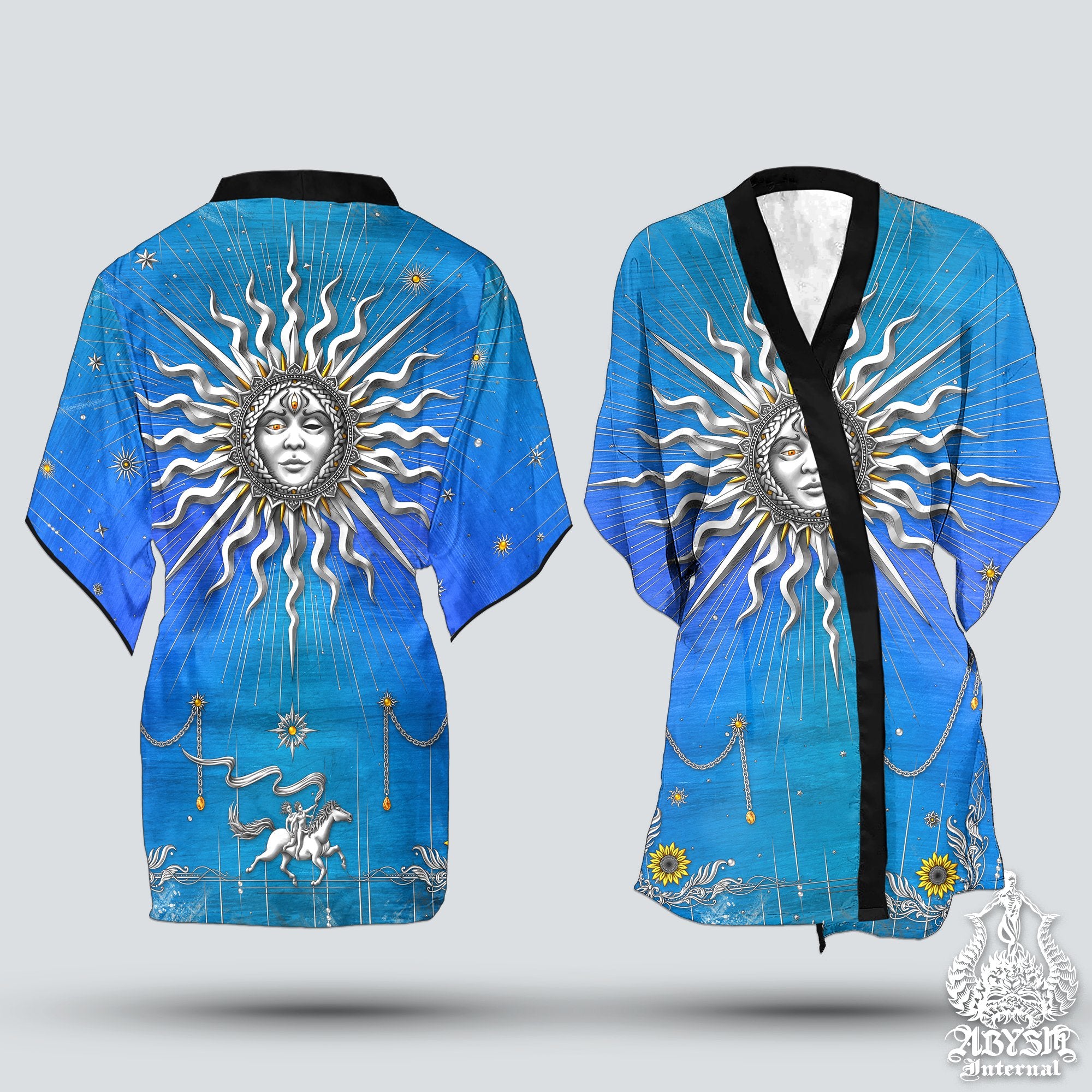 Silver Sun Short Kimono Robe, Colorful Beach Party Outfit, Tarot Arcana Coverup, Boho Summer Festival, Indie Clothing, Unisex - 7 Colors - Abysm Internal