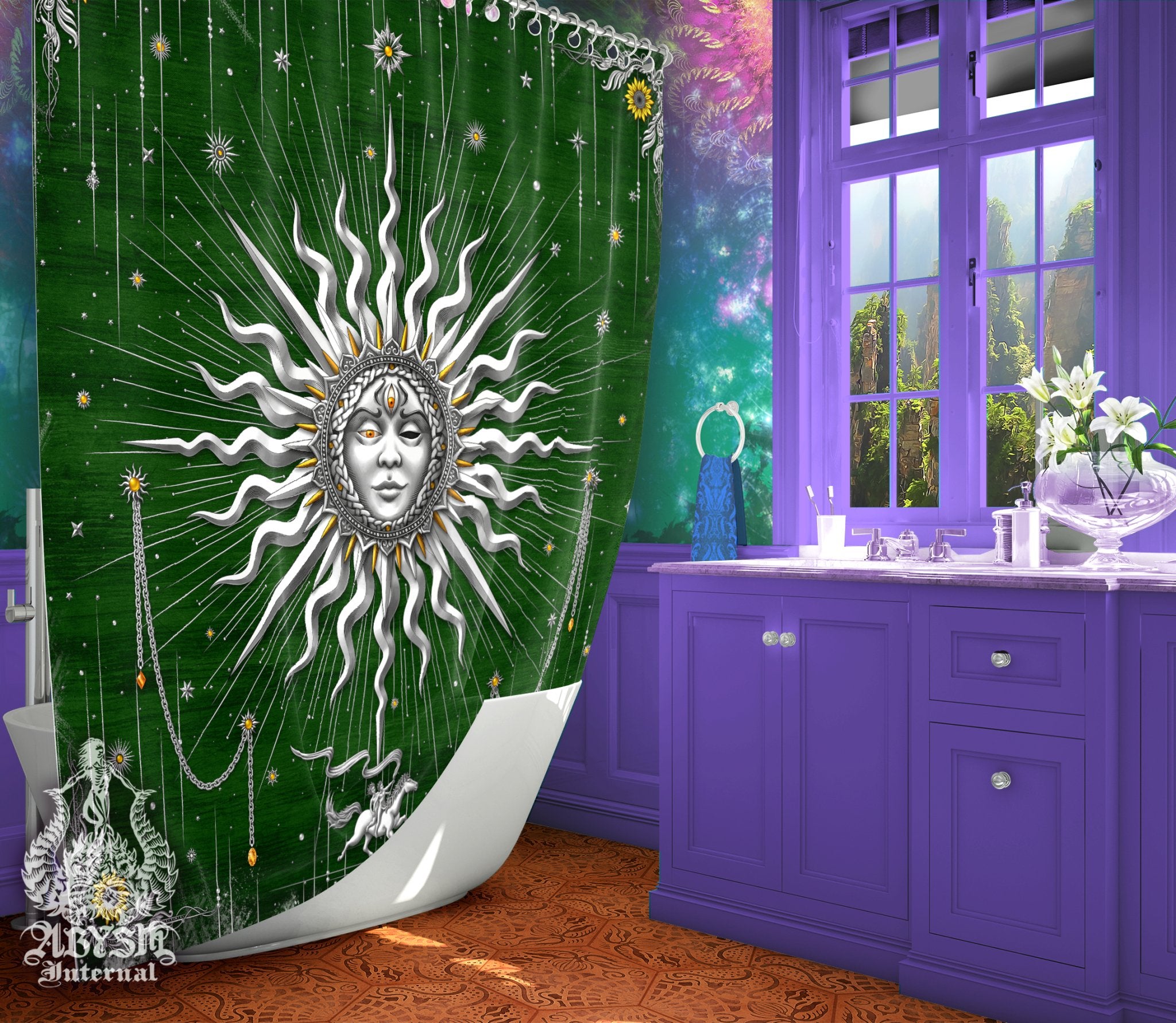 Silver Sun Shower Curtain, 71x74 inches, Indie Bathroom Decor, Tarot Arcana, Esoteric Art Print, Boho Home - 7 Colors - Abysm Internal