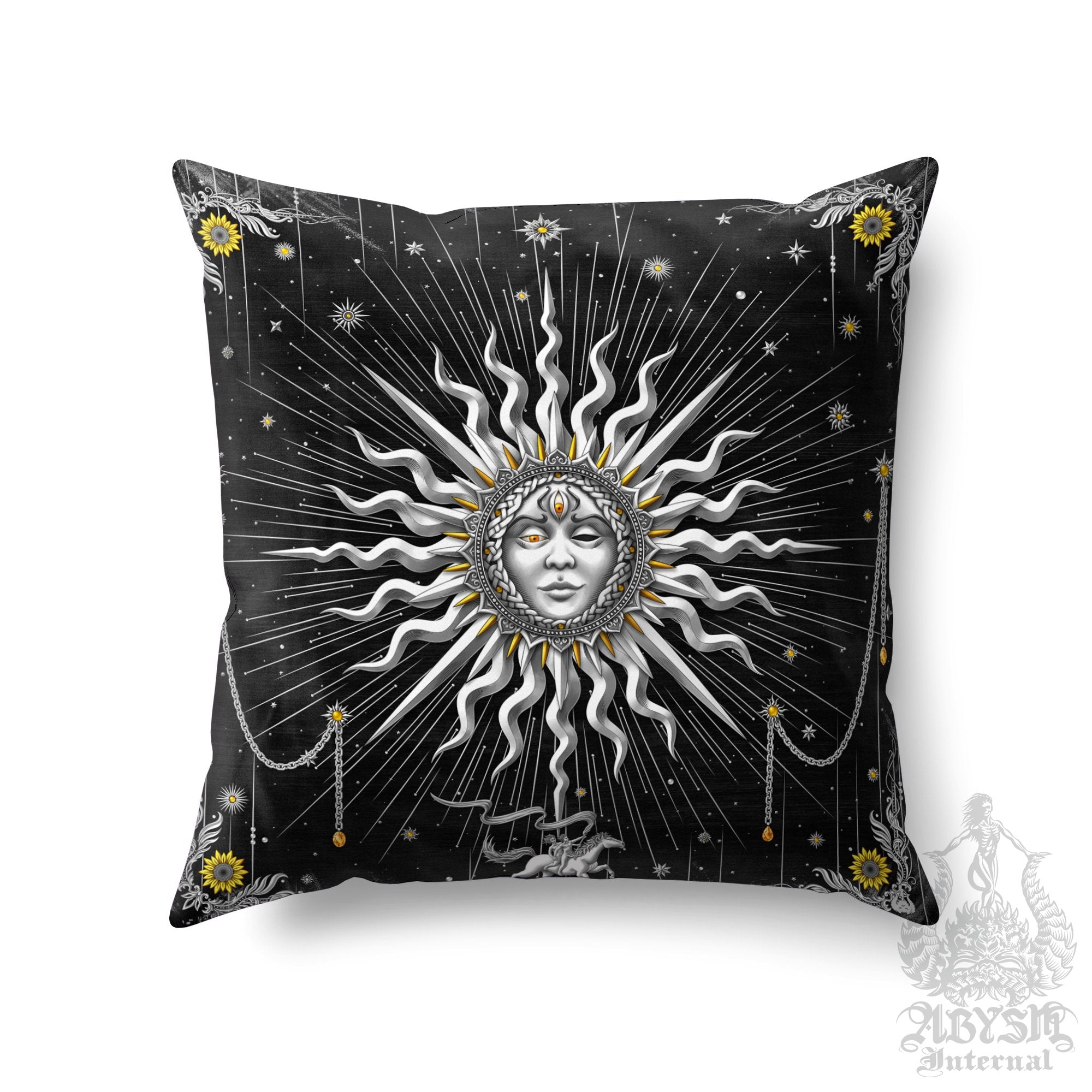 Silver Sun Throw Pillow, Boho Decorative Accent Pillow, Square Cushion Cover, Arcana Tarot Art, Indie Home, Magic & Fortune Room Decor - 7 Colors - Abysm Internal