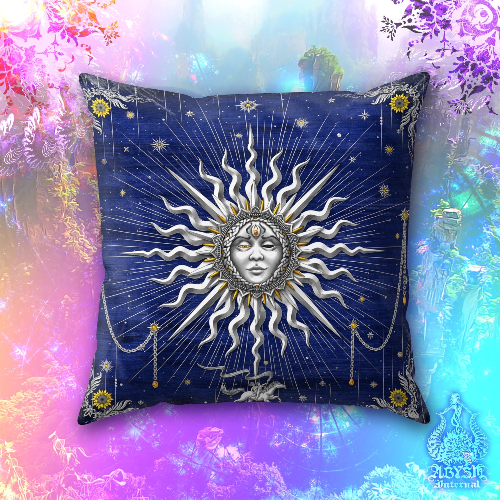 Silver Sun Throw Pillow, Boho Decorative Accent Pillow, Square Cushion Cover, Arcana Tarot Art, Indie Home, Magic & Fortune Room Decor - 7 Colors - Abysm Internal