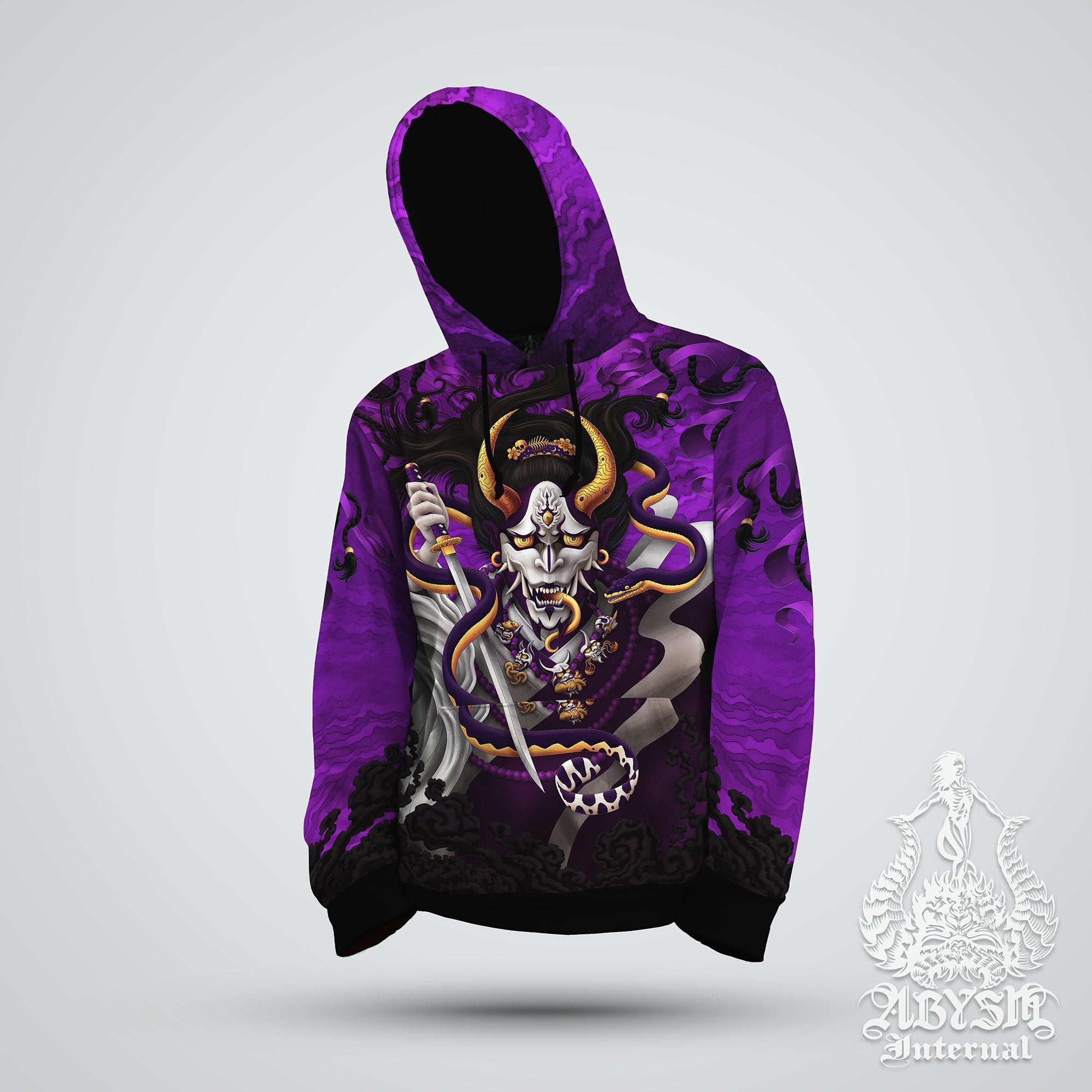 Skater Hoodie, Hannya Sweater, Anime and Manga Streetwear, Fantasy Street Outfit, Japanese Demon Pullover, Alternative Clothing, Unisex - Oni and Snake, White Goth Purple - Abysm Internal