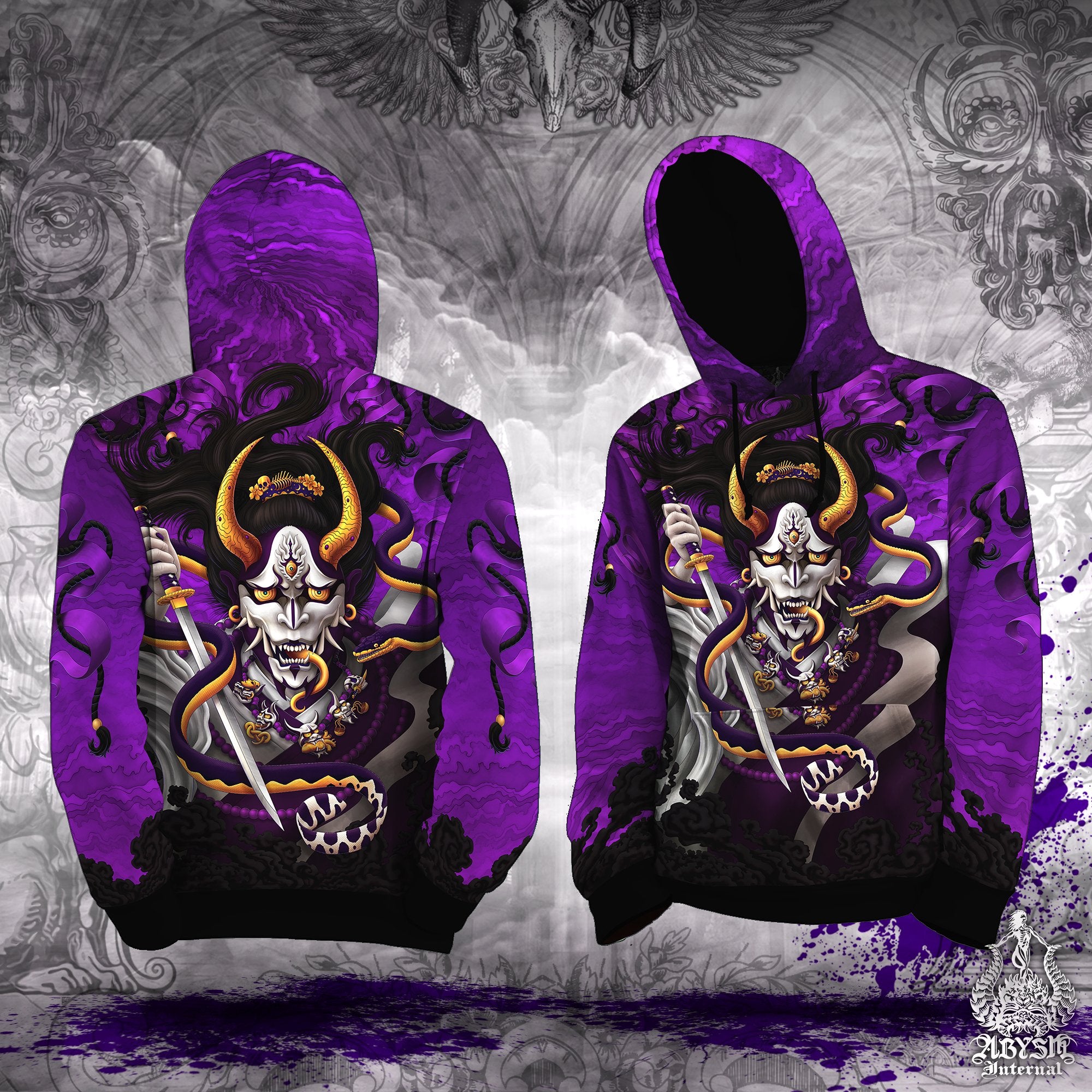 Skater Hoodie, Hannya Sweater, Anime and Manga Streetwear, Fantasy Street Outfit, Japanese Demon Pullover, Alternative Clothing, Unisex - Oni and Snake, White Goth Purple - Abysm Internal