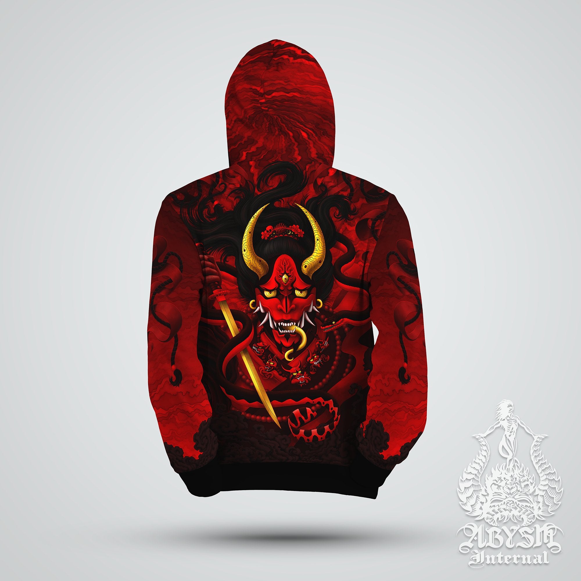 Skater Hoodie, Japanese Demon Sweater, Anime and Manga Streetwear, Bloody Gothic Street Outfit, Red and Black Hannya Pullover, Alternative Clothing, Unisex - Oni and Snake - Abysm Internal