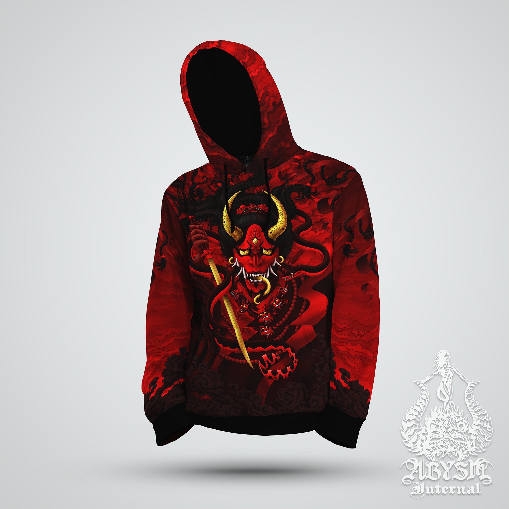 Skater Hoodie, Japanese Demon Sweater, Anime and Manga Streetwear, Bloody Gothic Street Outfit, Red and Black Hannya Pullover, Alternative Clothing, Unisex - Oni and Snake - Abysm Internal