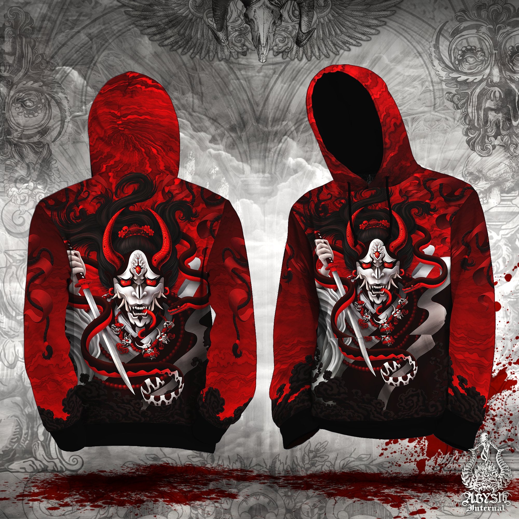 Skater Hoodie, Japanese Oni Demon Sweater, Bloody White Goth Streetwear, Parkour Street Outfit, Hannya and Snake Pullover, Alternative Clothing, Unisex - Abysm Internal