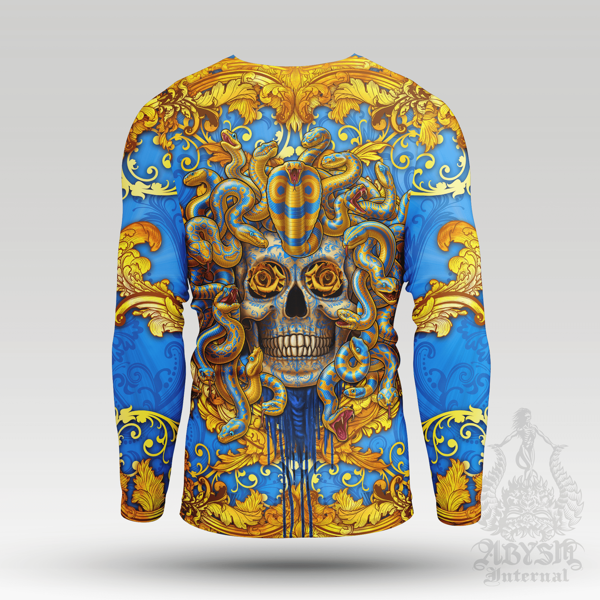 Skull Rash Guard - Baroque Medusa Long Sleeve Surf Shirt, Indie Cyan Blue and Gold Gorgon Sports Top | Mythology Fantasy Art UV Protection Activewear for Men and Women - Abysm Internal
