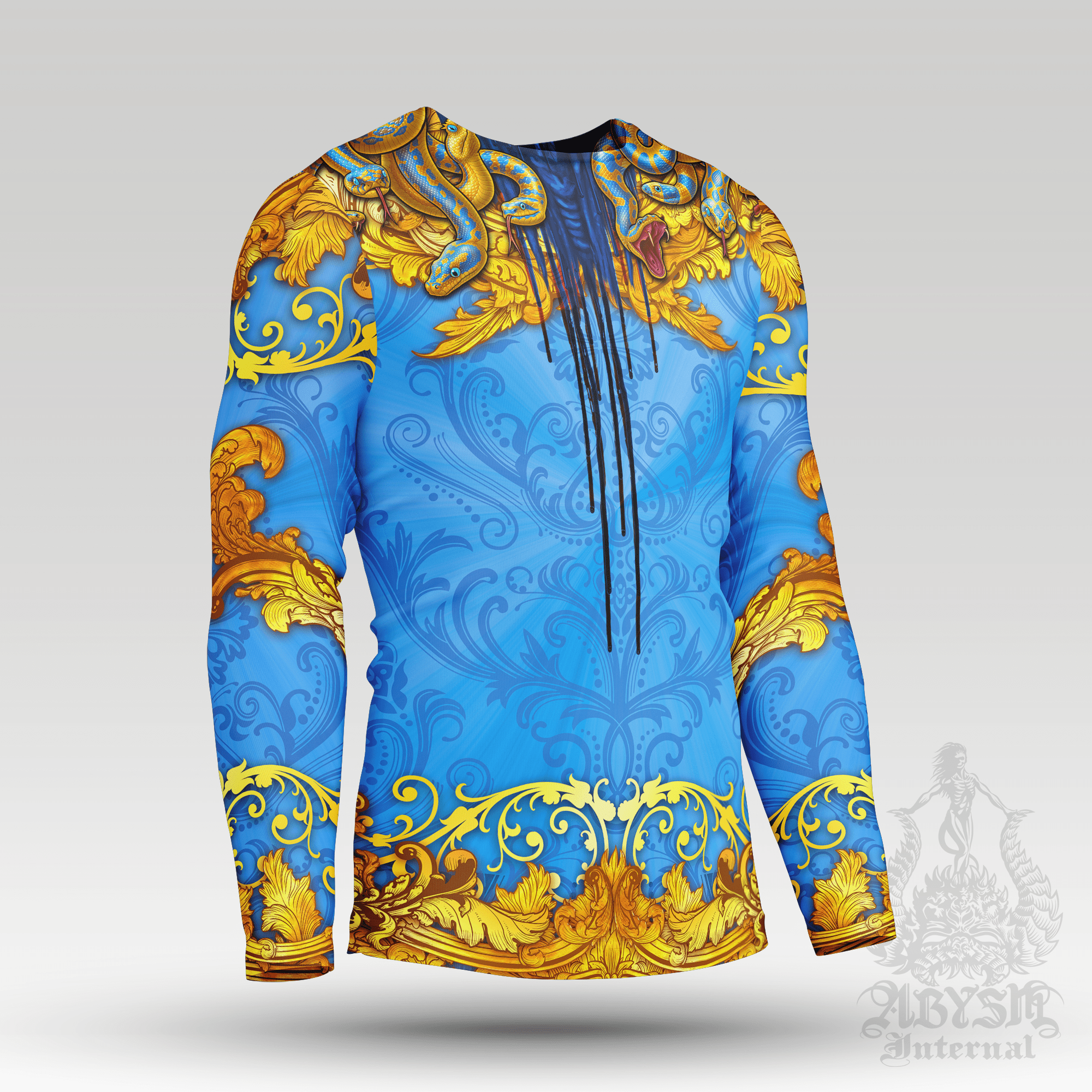 Skull Rash Guard - Baroque Medusa Long Sleeve Surf Shirt, Indie Cyan Blue and Gold Gorgon Sports Top | Mythology Fantasy Art UV Protection Activewear for Men and Women - Abysm Internal