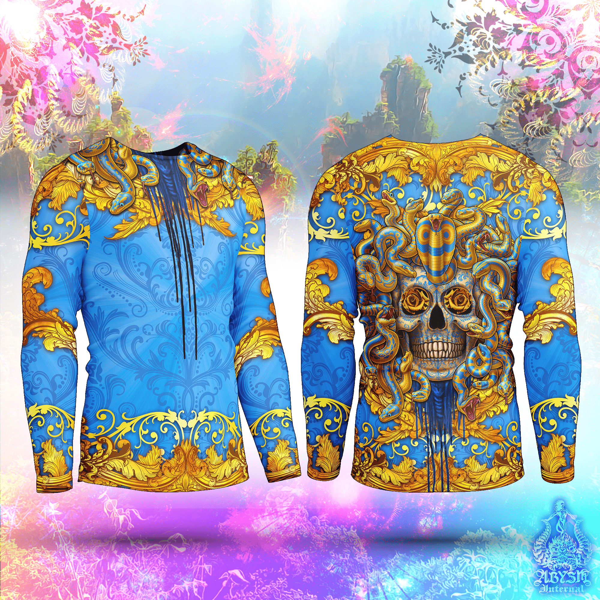 Skull Rash Guard - Baroque Medusa Long Sleeve Surf Shirt, Indie Cyan Blue and Gold Gorgon Sports Top | Mythology Fantasy Art UV Protection Activewear for Men and Women - Abysm Internal