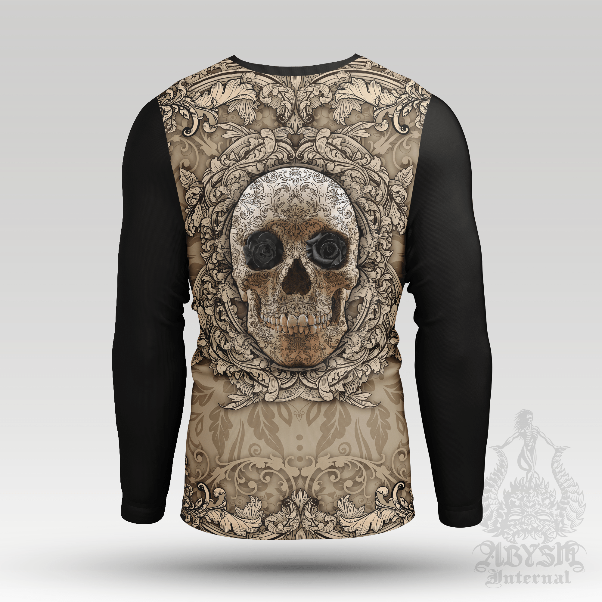 Skull Rash Guard, Cream Long Sleeve Surf Shirt, Beige Sports Top | Macabre Art UV Protection Activewear for Men and Women - Abysm Internal