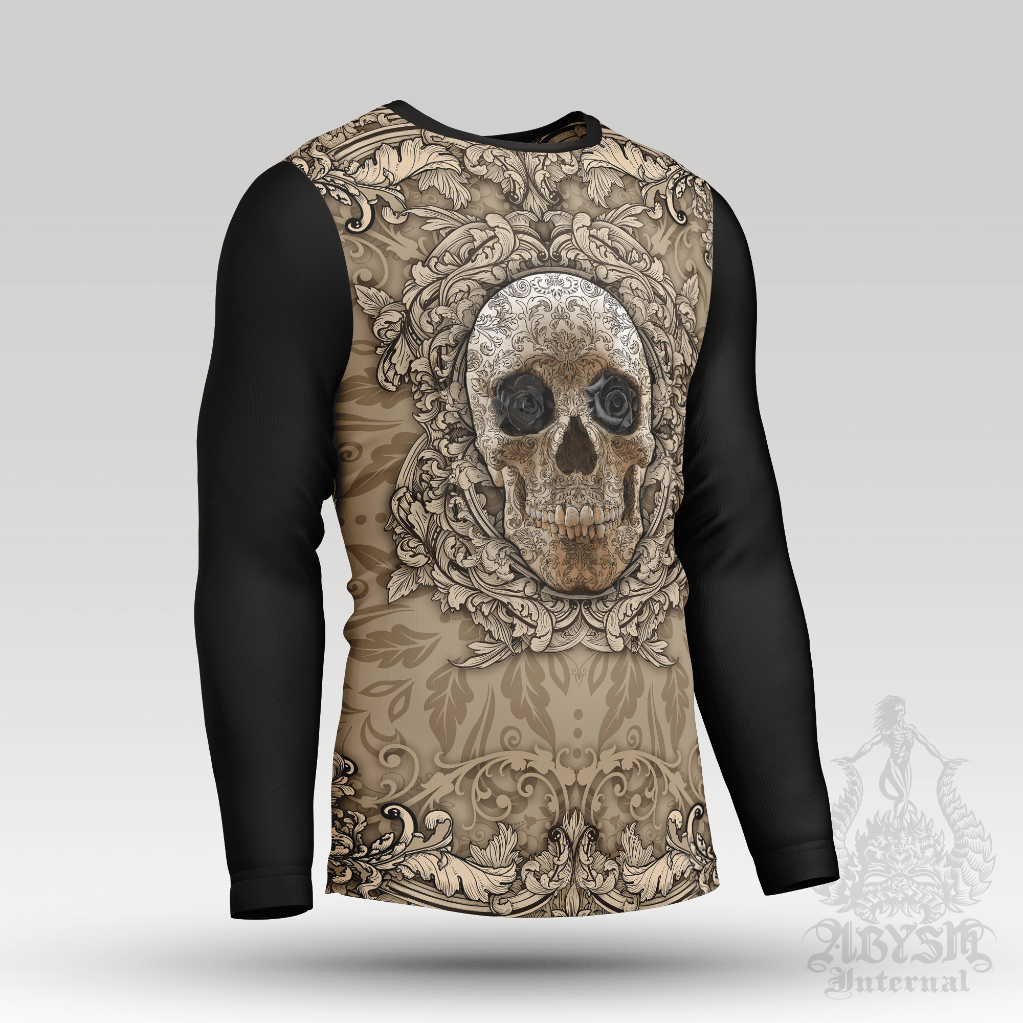 Skull Rash Guard, Cream Long Sleeve Surf Shirt, Beige Sports Top | Macabre Art UV Protection Activewear for Men and Women - Abysm Internal