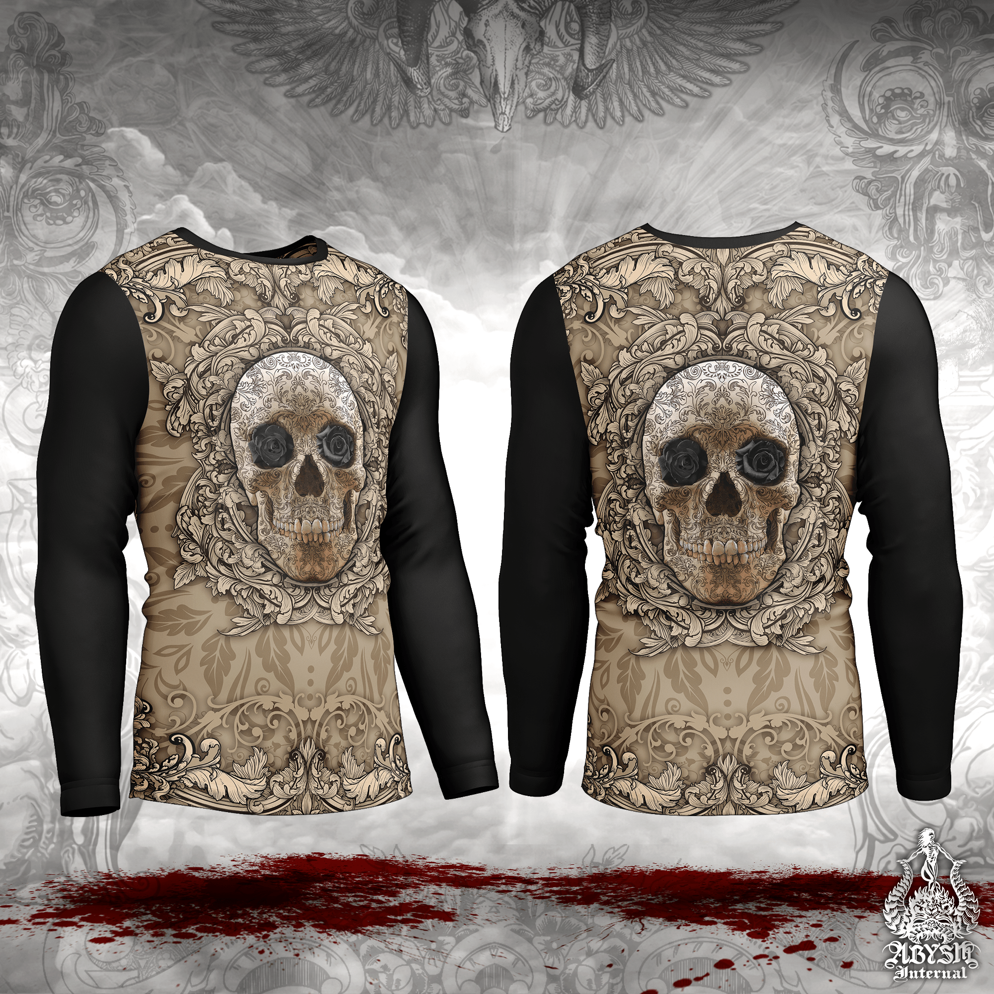 Skull Rash Guard, Cream Long Sleeve Surf Shirt, Beige Sports Top | Macabre Art UV Protection Activewear for Men and Women - Abysm Internal