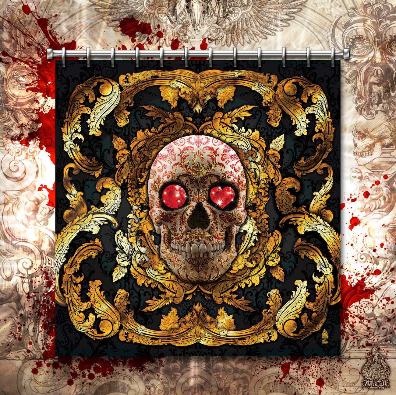 Skull Shower Curtain, 71x74 inches, Victorian Bathroom Decor, Baroque, Macabre Decor - Gold and Silver, 4 Colors - Abysm Internal