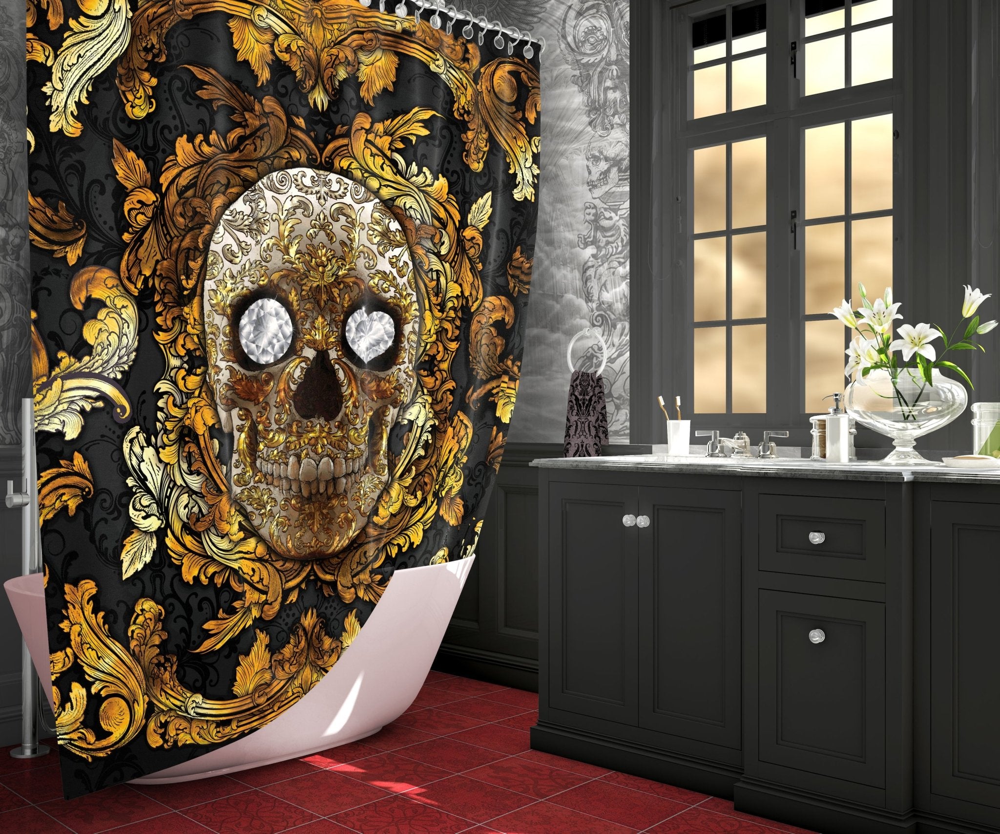 Skull Shower Curtain, 71x74 inches, Victorian Bathroom Decor, Baroque, Macabre Decor - Gold and Silver, 4 Colors - Abysm Internal
