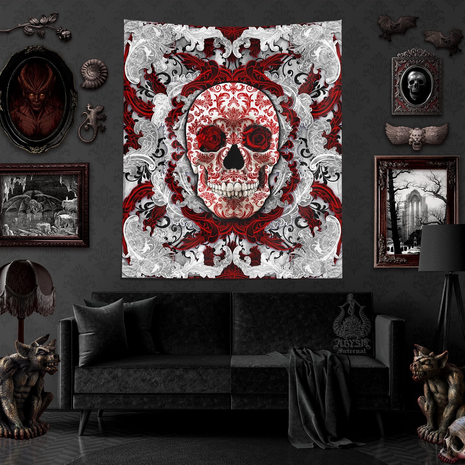 Skull Tapestry, Gothic Wall Hanging, Macabre Home Decor, Vertical Art Print - White Goth, Bloody & Red Roses - Abysm Internal