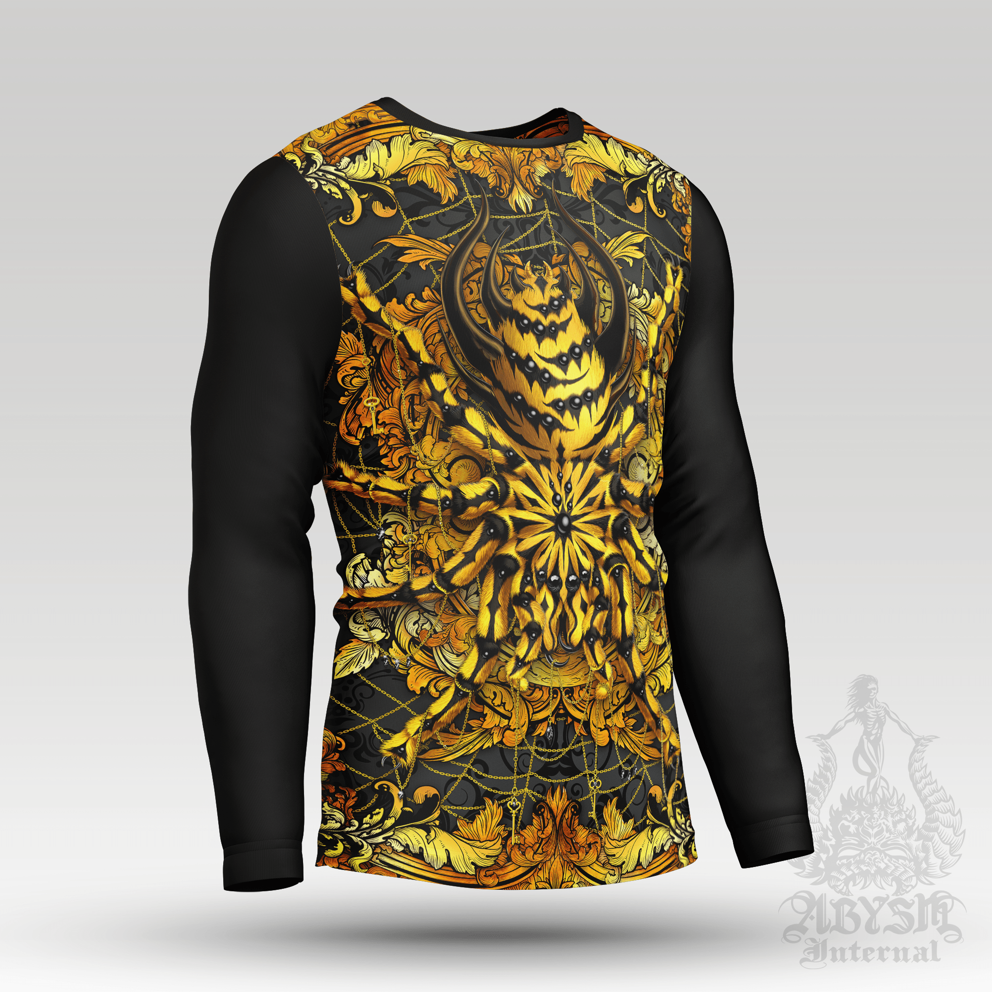 Spider Rash Guard - Graffiti Long Sleeve Surf Shirt, Gold Sports Top | Indie Art UV Protection Activewear for Men and Women - 2 Colors - Abysm Internal