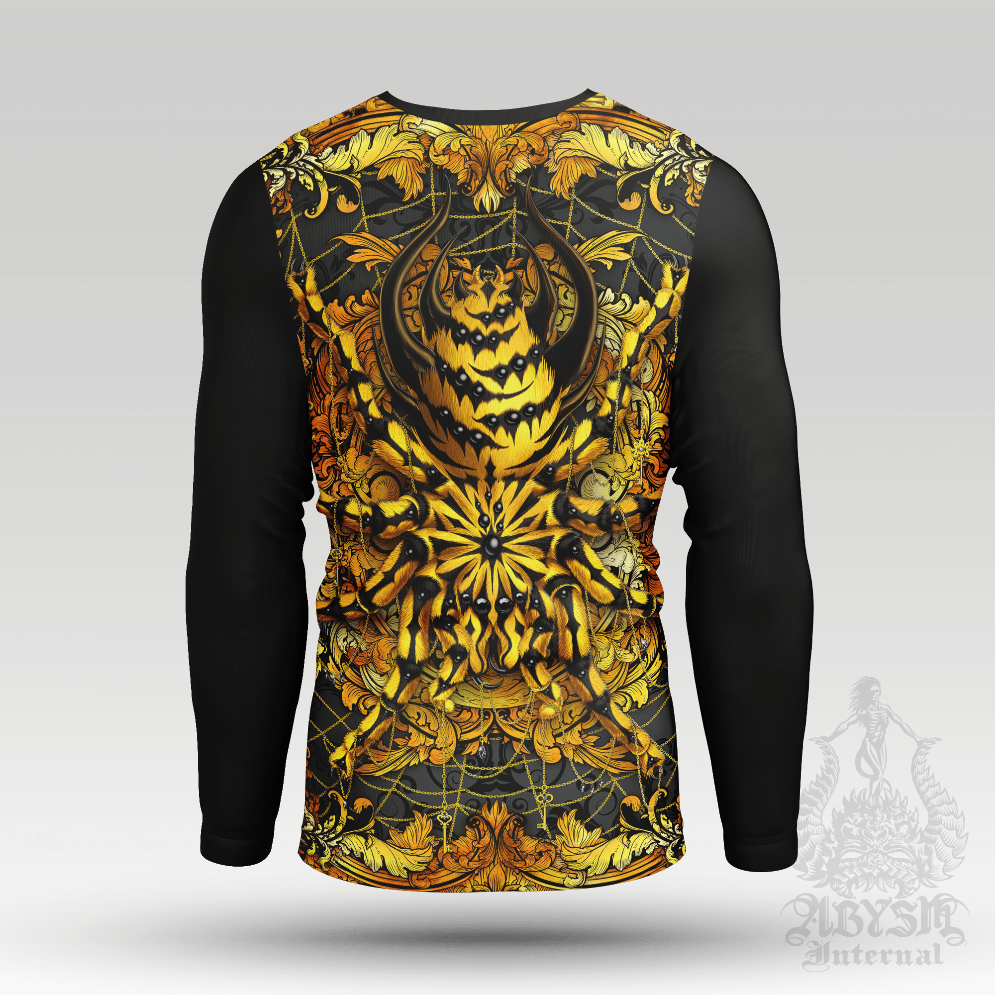 Spider Rash Guard - Graffiti Long Sleeve Surf Shirt, Gold Sports Top | Indie Art UV Protection Activewear for Men and Women - 2 Colors - Abysm Internal
