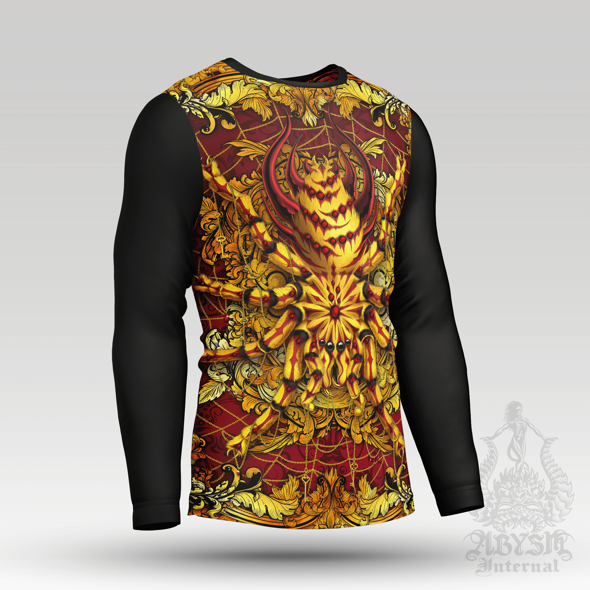 Spider Rash Guard - Graffiti Long Sleeve Surf Shirt, Gold Sports Top | Indie Art UV Protection Activewear for Men and Women - 2 Colors - Abysm Internal