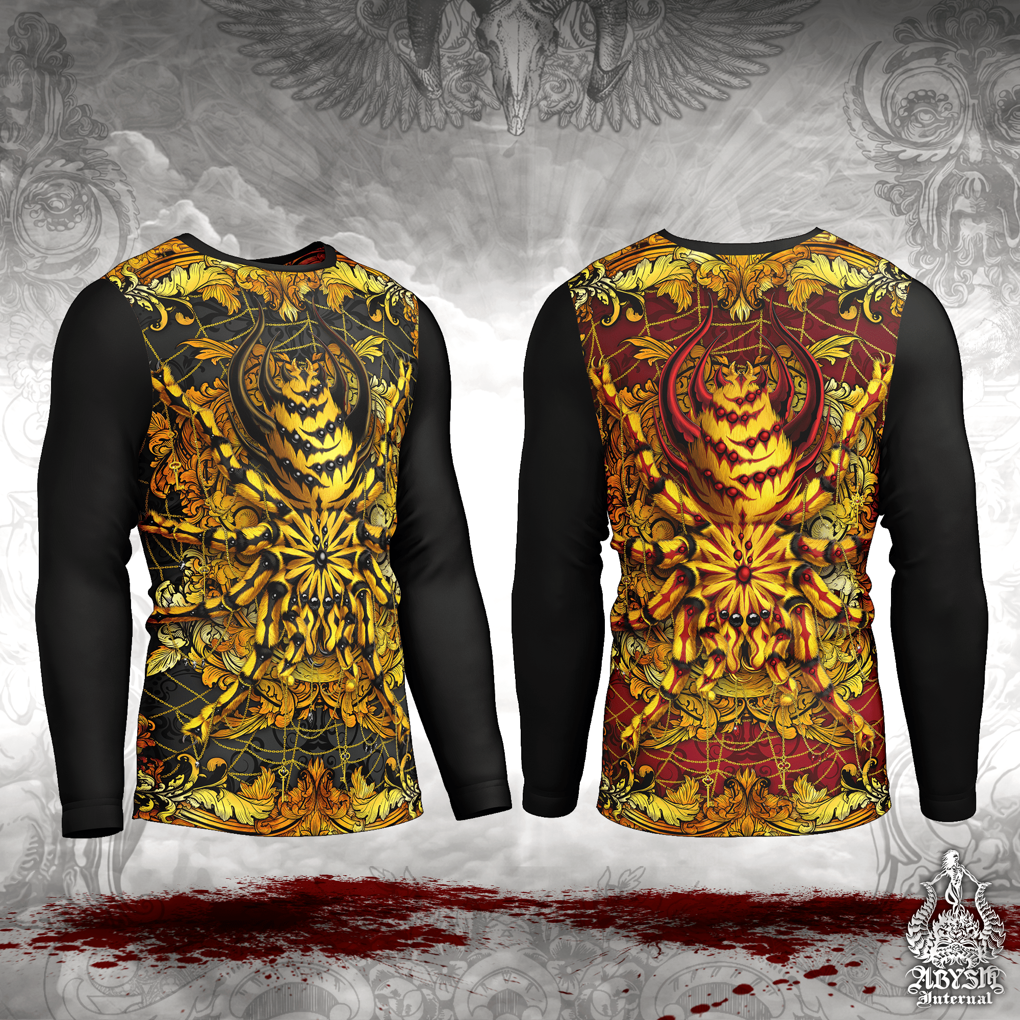 Spider Rash Guard - Graffiti Long Sleeve Surf Shirt, Gold Sports Top | Indie Art UV Protection Activewear for Men and Women - 2 Colors - Abysm Internal